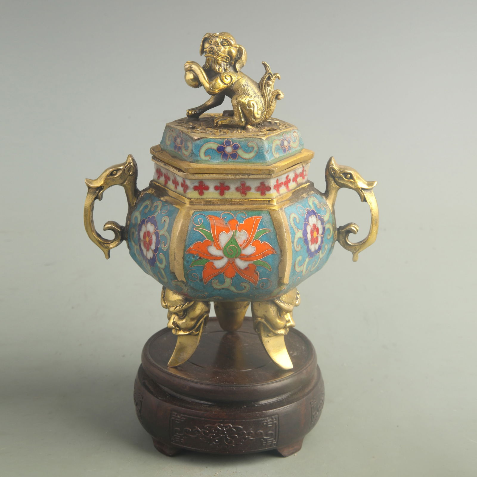 CLOISONNE ENAMEL HEXAGONAL CENSER WITH BEAST HANDLES AND FLORAL MOTIF (1 of 8)