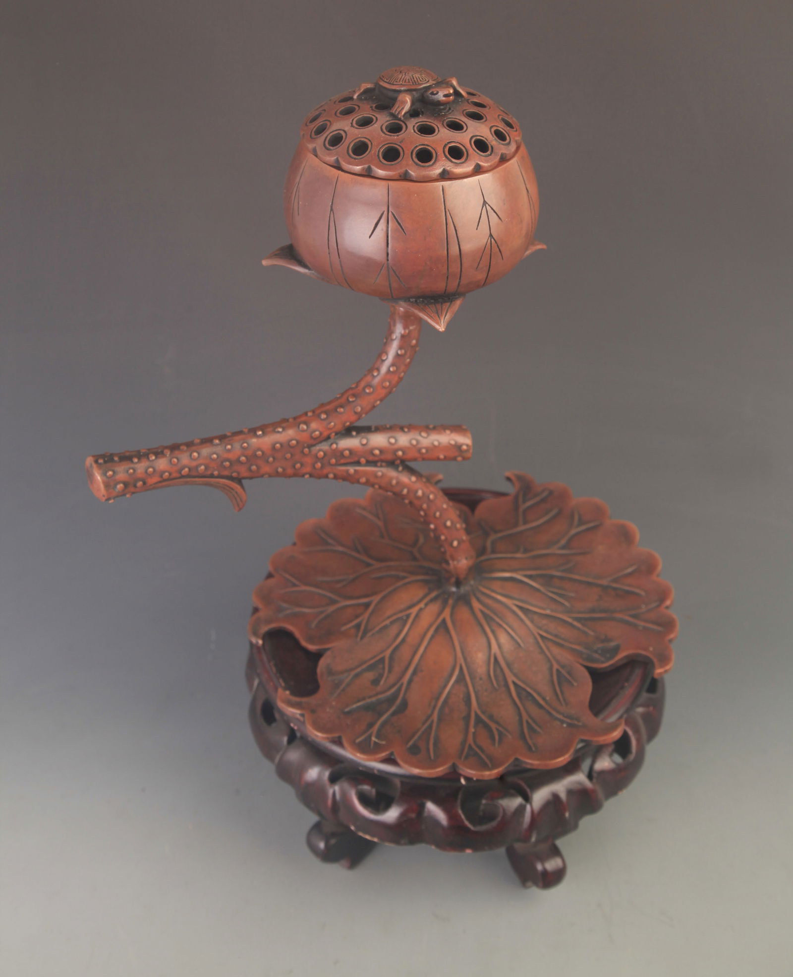RARE FINELY MADE LOTUS FLOWER PATTERN INCENSE BURNER: 19th Century; High: 12.25 inch; Width: 9.0 inch; Diameter:3.75 inch;