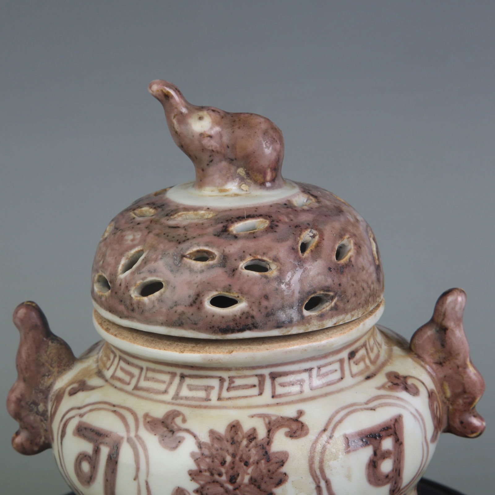 UNDERGLAZE-RED TRIPOD INCENSE BURNER WITH SOLID HANDLES - 2