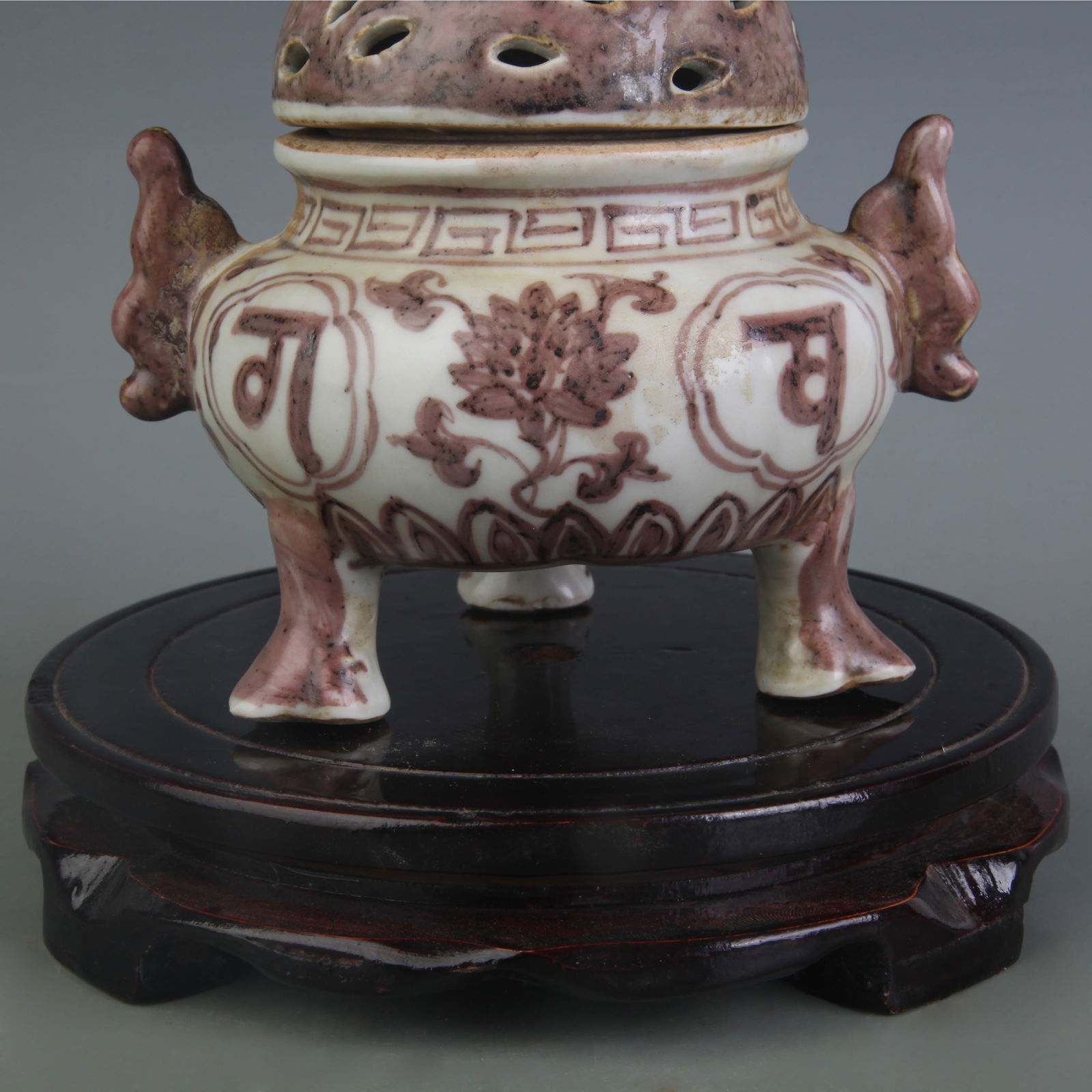 UNDERGLAZE-RED TRIPOD INCENSE BURNER WITH SOLID HANDLES - 3
