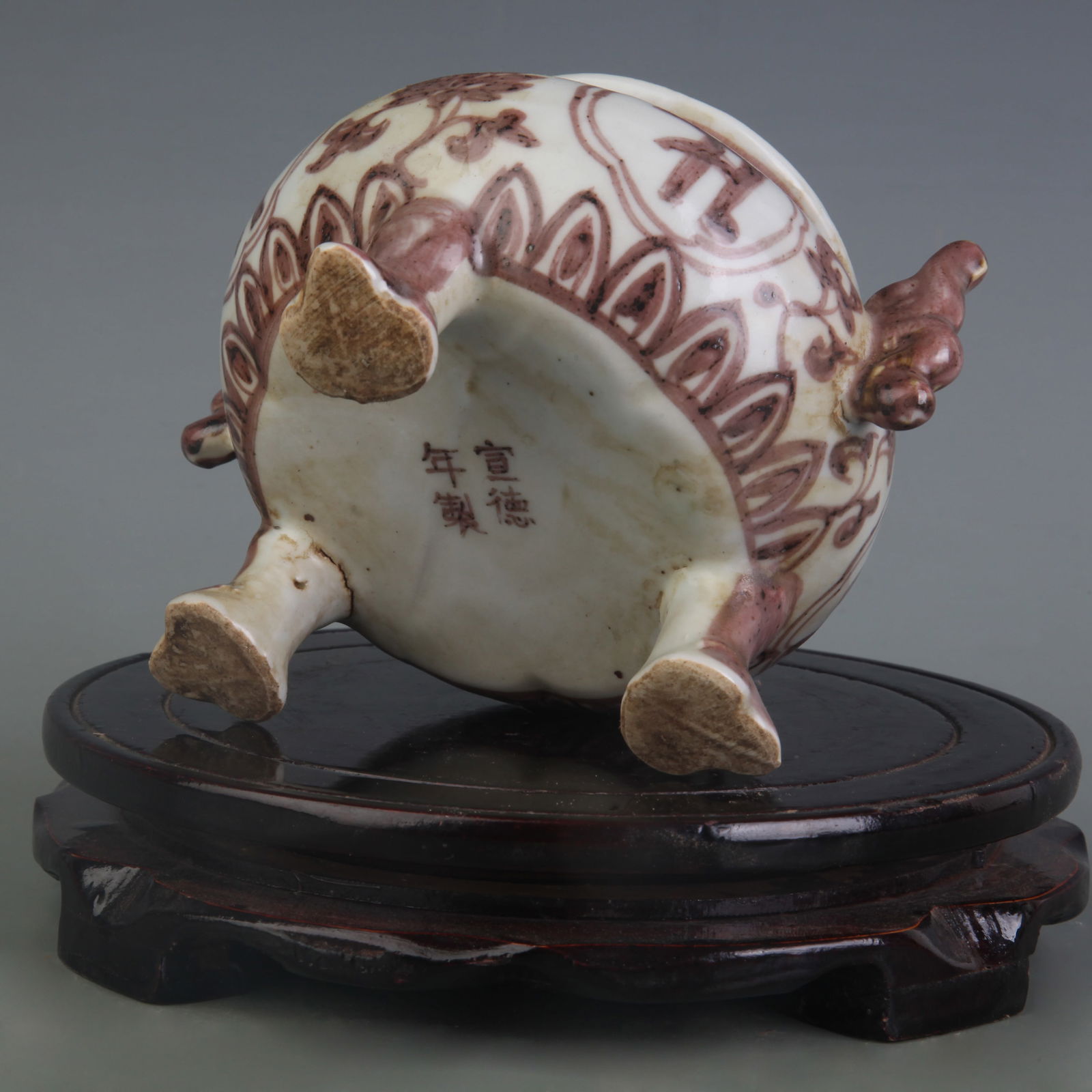 UNDERGLAZE-RED TRIPOD INCENSE BURNER WITH SOLID HANDLES - 5