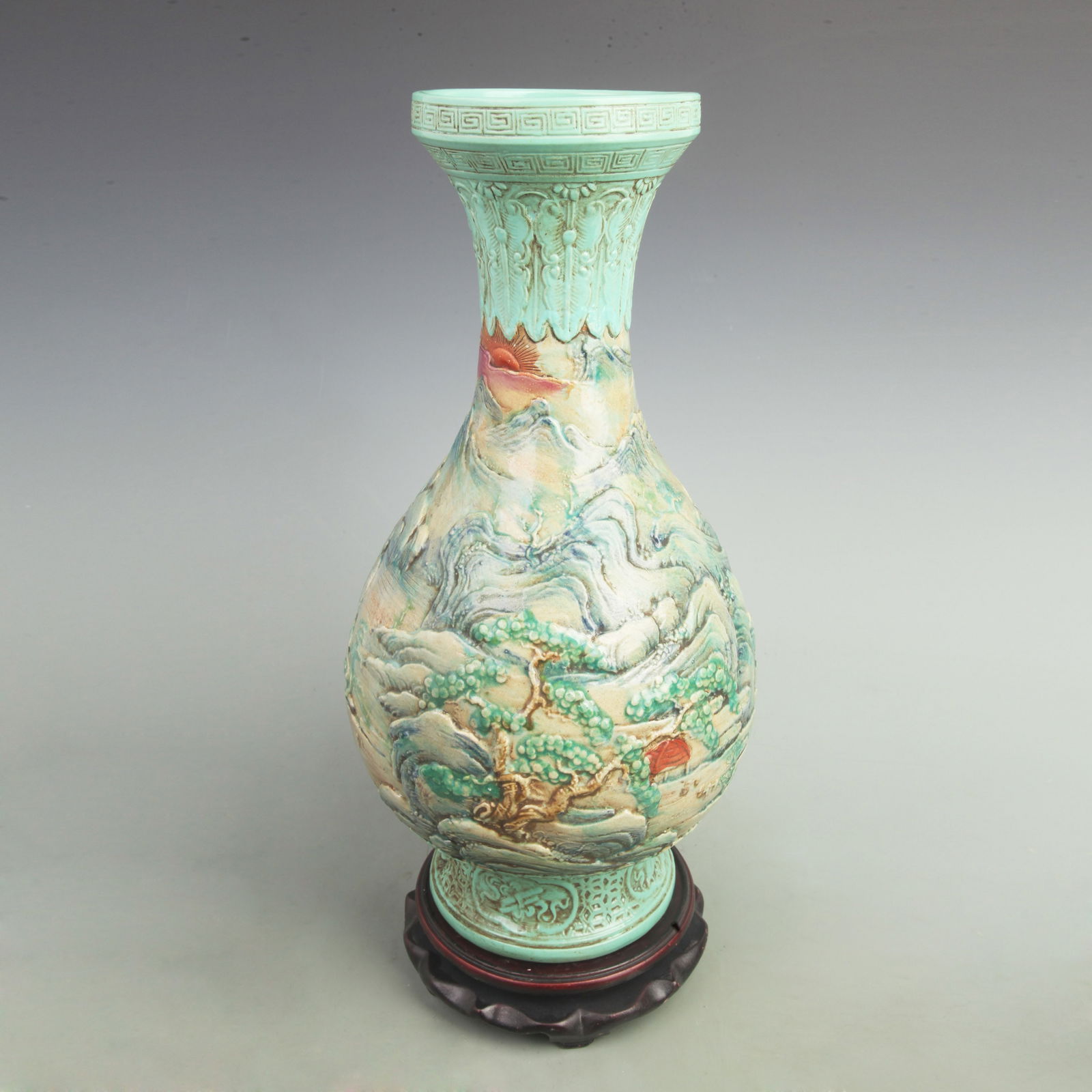 FINE FAMILLE ROSE CARVED LANDSCAPE PORCELAIN VASE: Qing Dynasty; H:17 inch; Width: 9.2 inch;