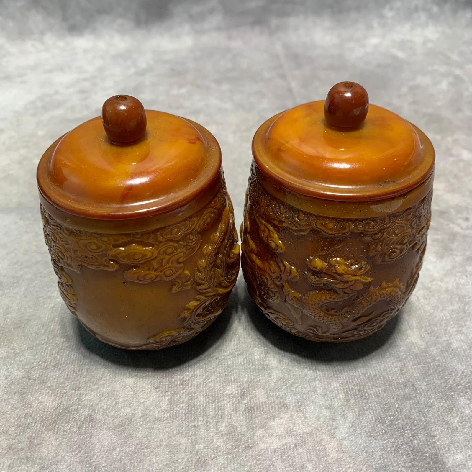 PAIR OF DRAGON AND PHOENIX PATTERNED CELLULOID JARS: Republic Period; High: 3.9 inch; Diameter: 2.8 inch;