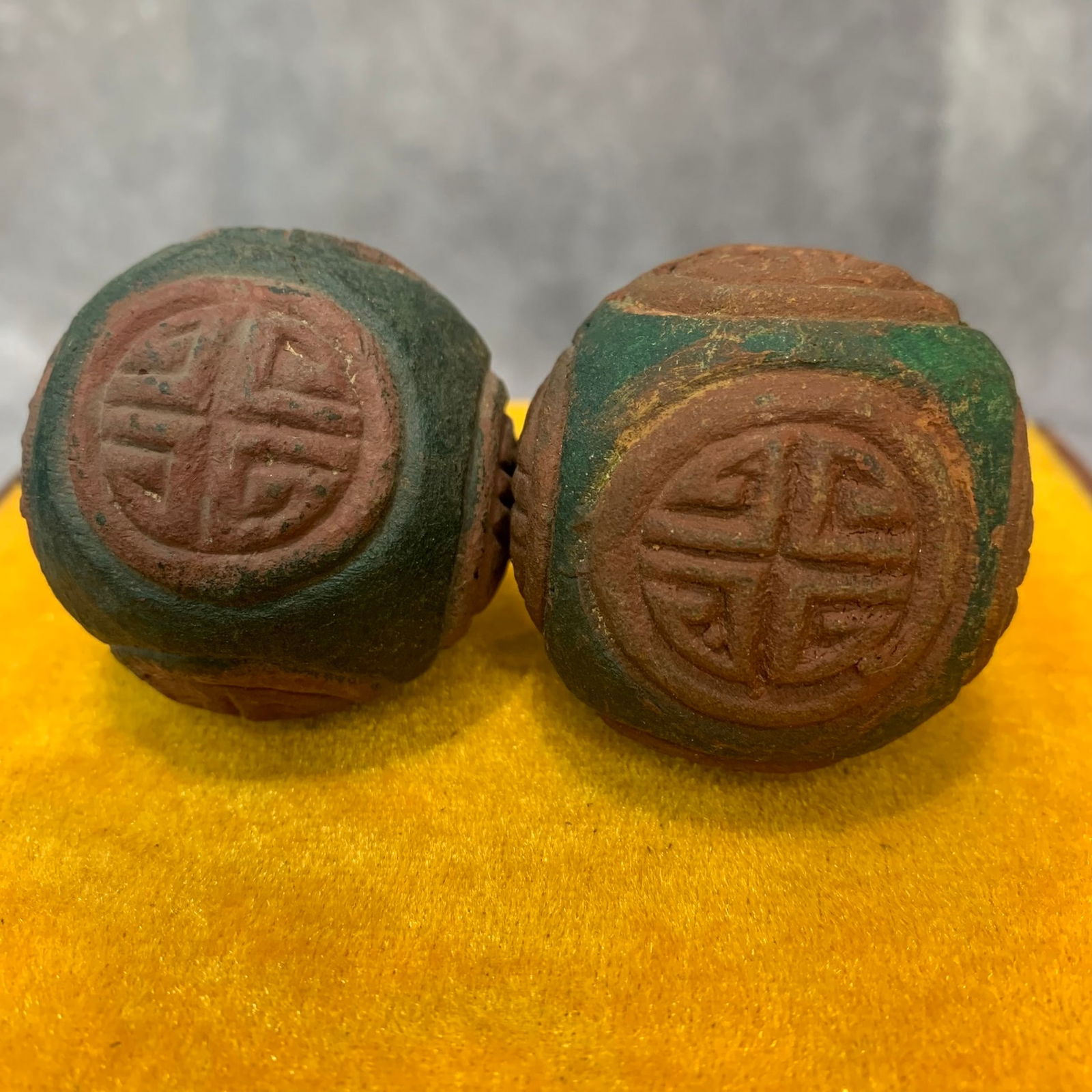 PAIR OF FINELY CARVED MEDICINE WOOD MADE HAND PLAYING BALL: Republic Period; Diameter: 1.8 inch