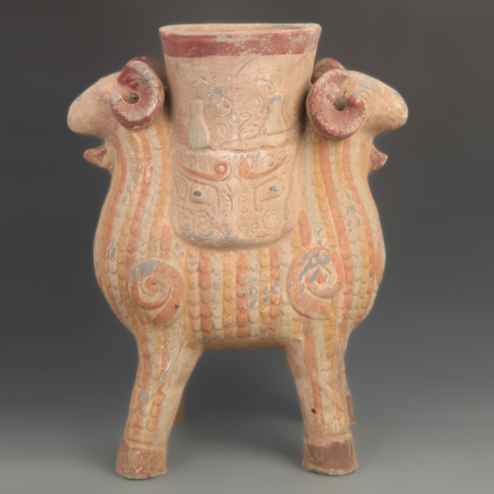 PAINTED GRAY POTTERY BEAST FACE DOUBLE ZUN VASE: Han Dynasty Style; High: 13.75 inch; Width: 11.5 inch; Diameter: 5.00 inch;