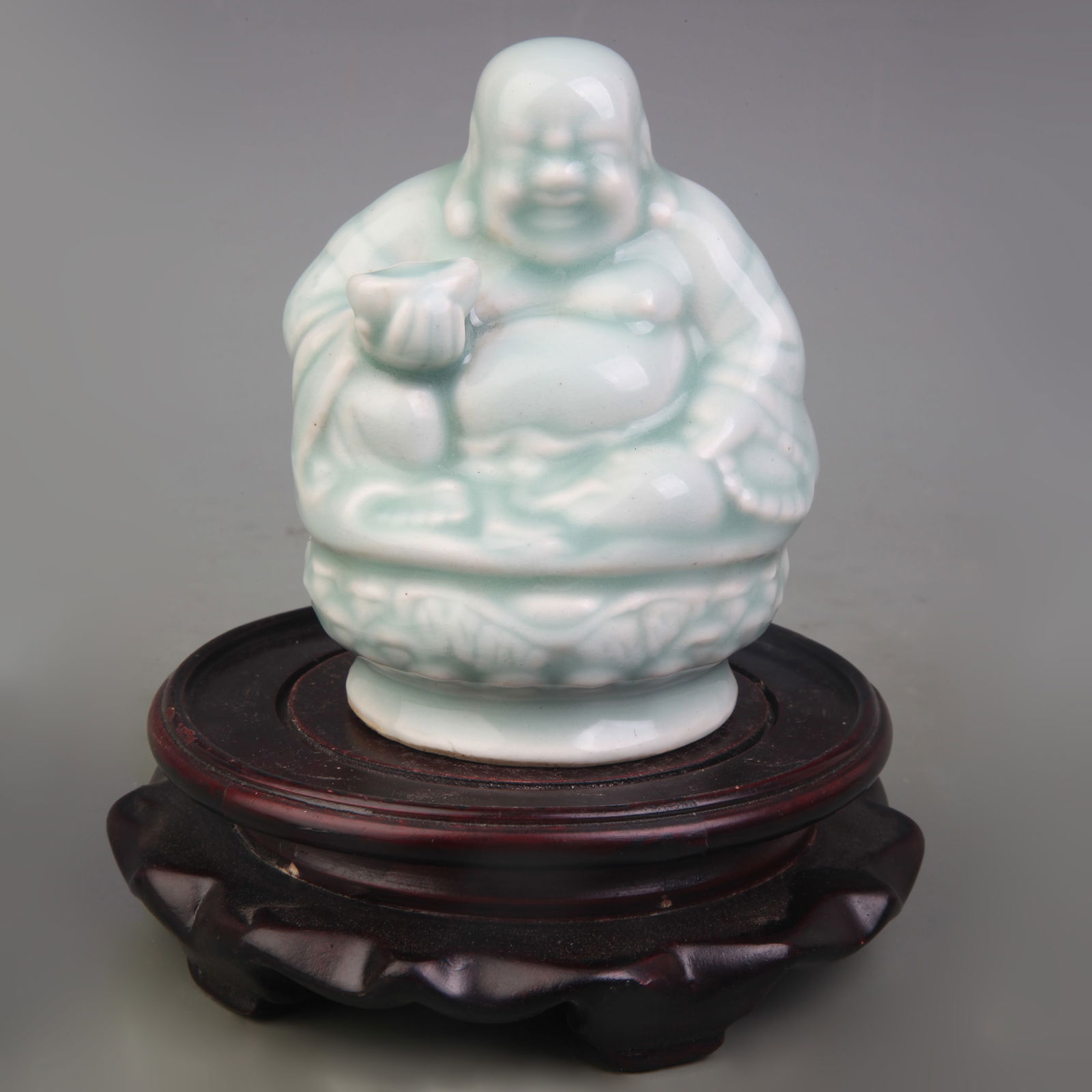 LIGHT BLUE GLAZE PORCELAIN MAITREYA BUDDHA STATUE (1 of 5)
