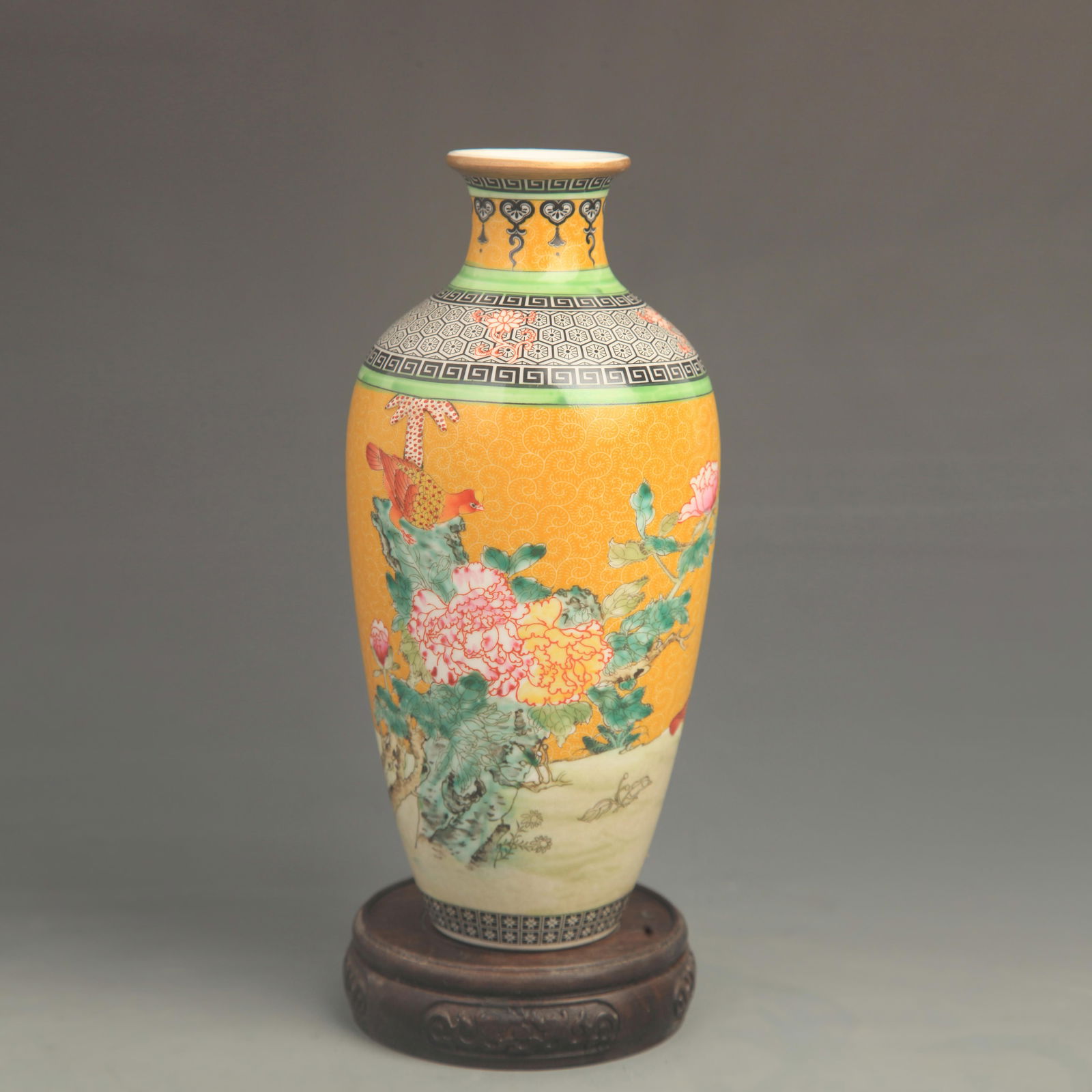 CLOISONNE ENAMEL YELLOW GROUND VASE WITH FLOWER AND BIRD PATTERNS (1 of 5)