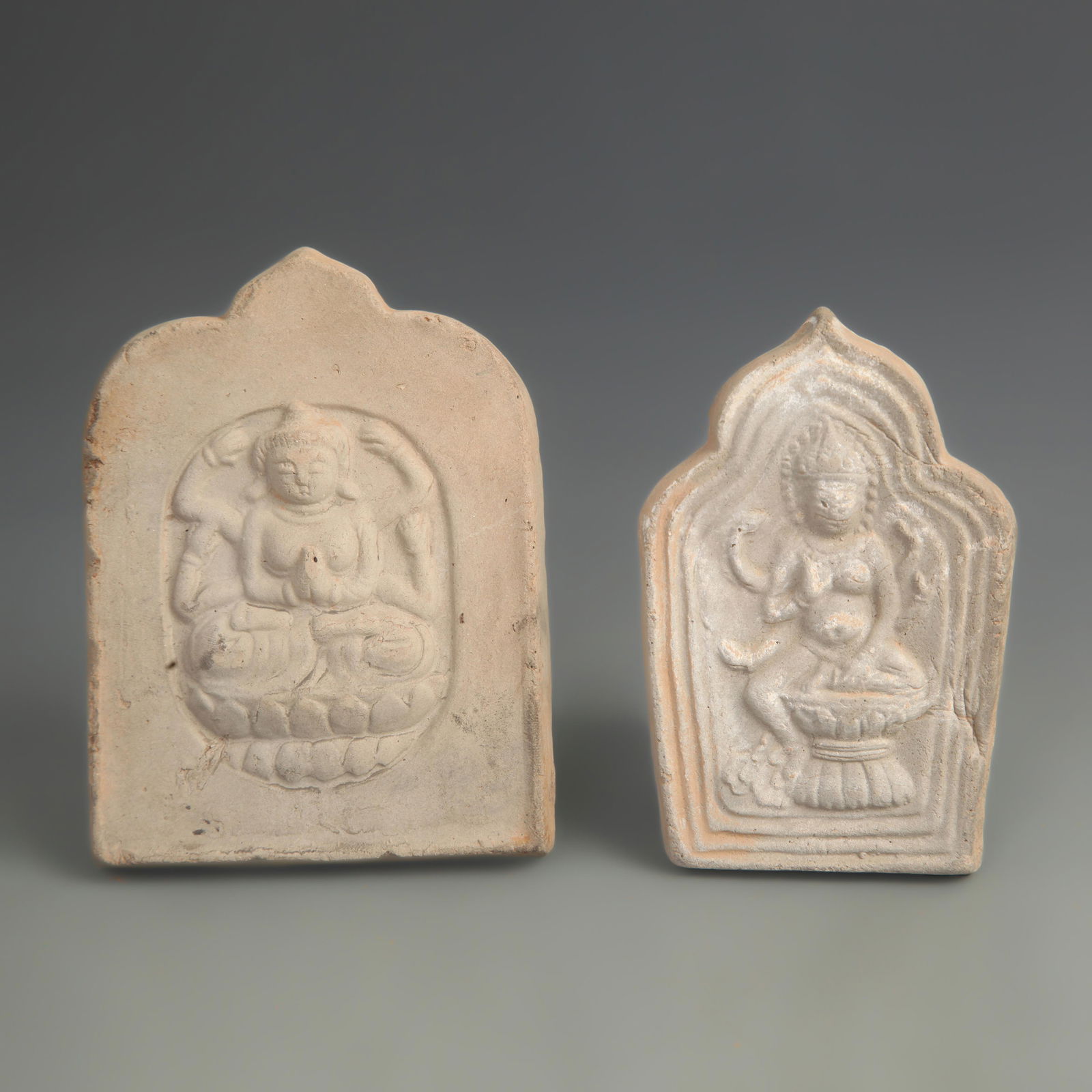 PAIR OF CLAY MADE TSA-TSA BUDDHA: Tang Dynasty Style; High:4.25 inch to 4.75 inch; Width: 2.75 inch to 3.50 inch;