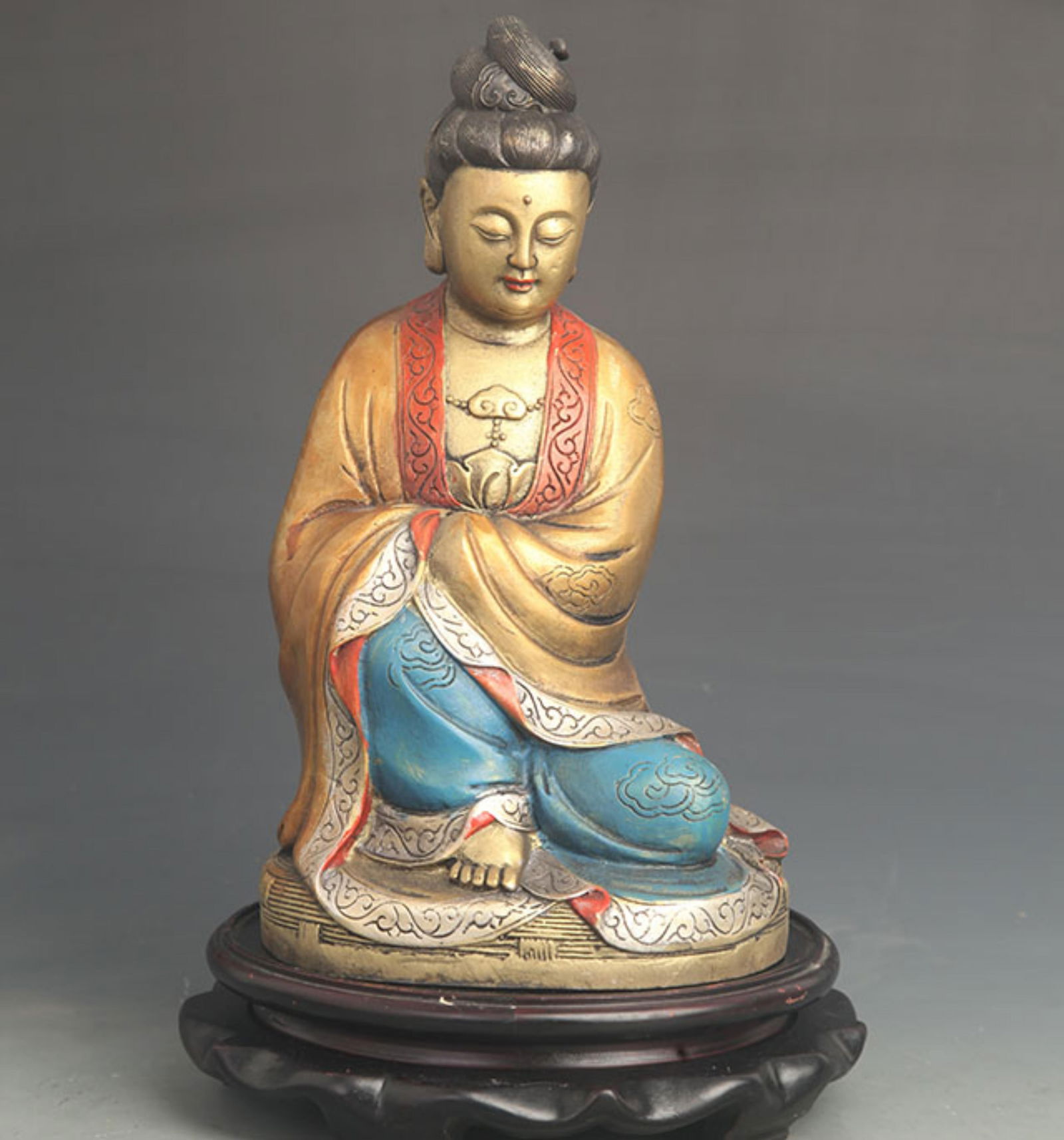 BRONZE STATUE OF AVALOKITESVARA ON A LOTUS SEAT: 19th Century; High: 11.0 inch; Width: 4.50 inch;