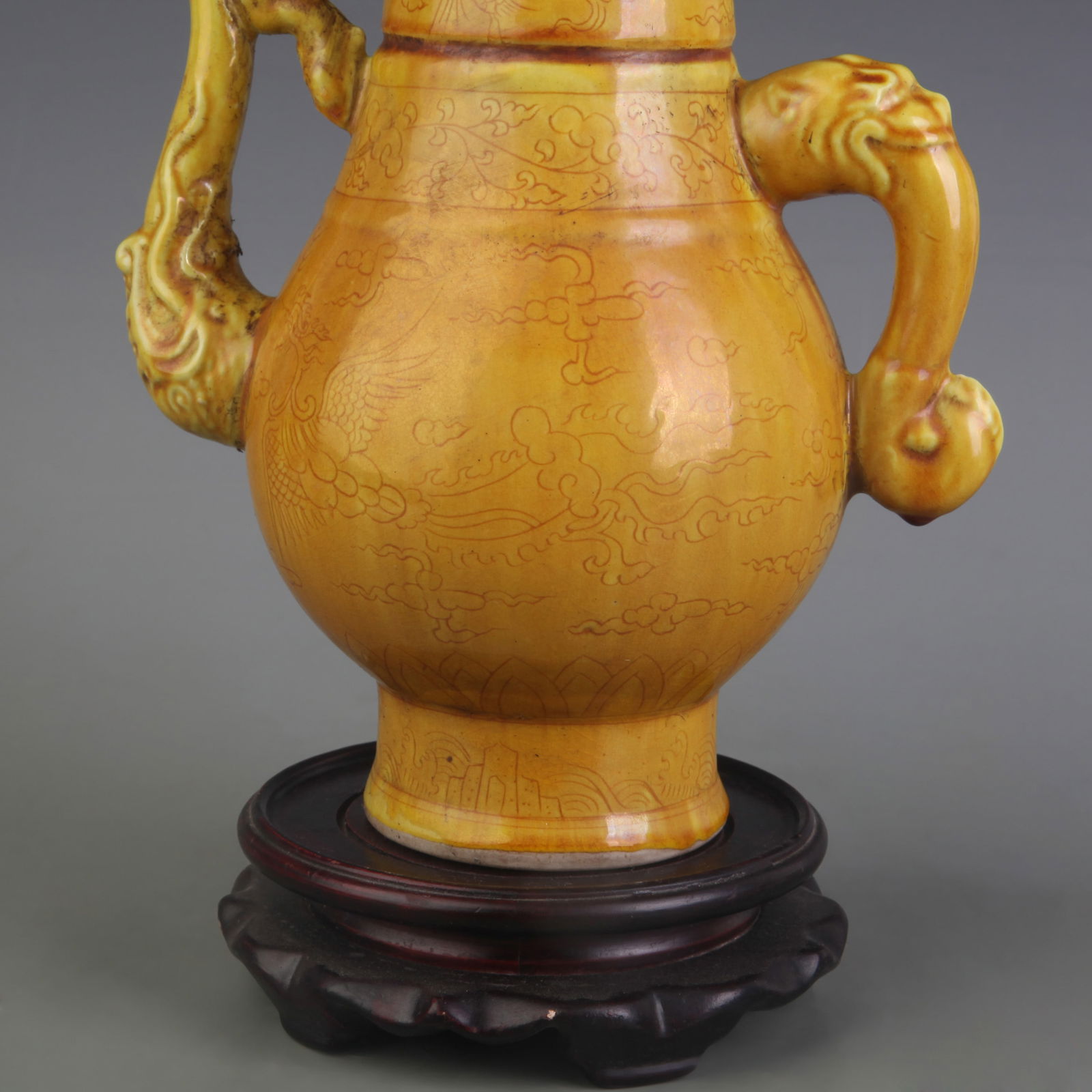 YELLOW GLAZE INCISED DRAGON PATTERN EWER - 3