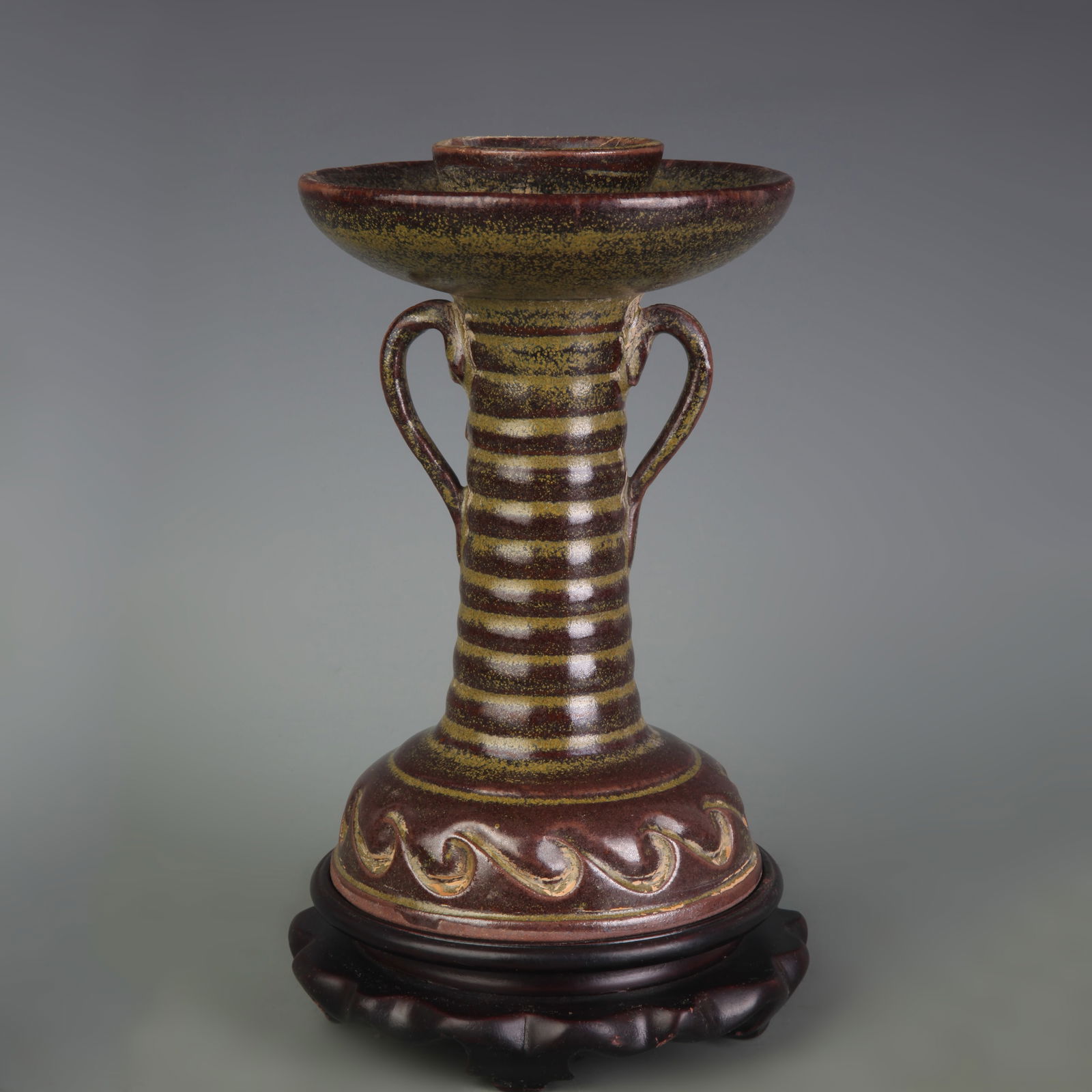 CELADON CARVED FLORAL CARVING PORCELAIN CANDLESTICK: Song Dynasty Style; High: 7.8 inch; Diameter: 5.2 inch