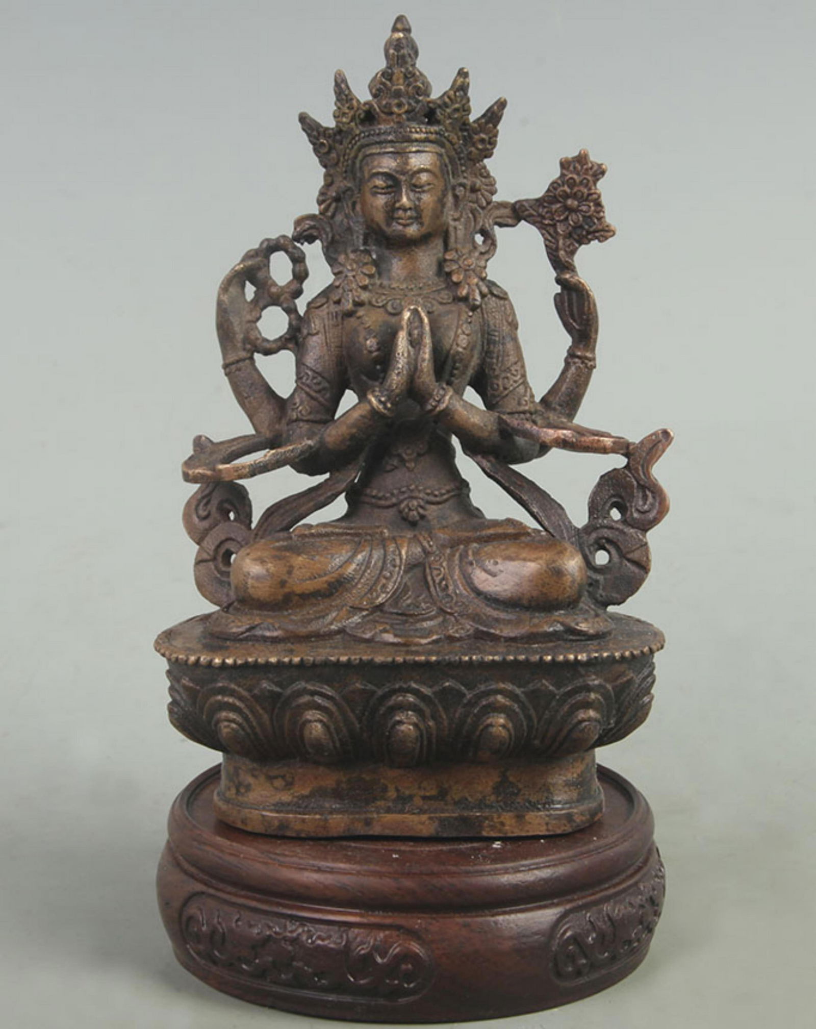 A FINE GILT BRONZE TIBETAN BUDDHISM FOUR ARM GUAN YIN: 20th Century; High: 6.00 inch; Width: 1.70 inch; Long: 3.00 inch;