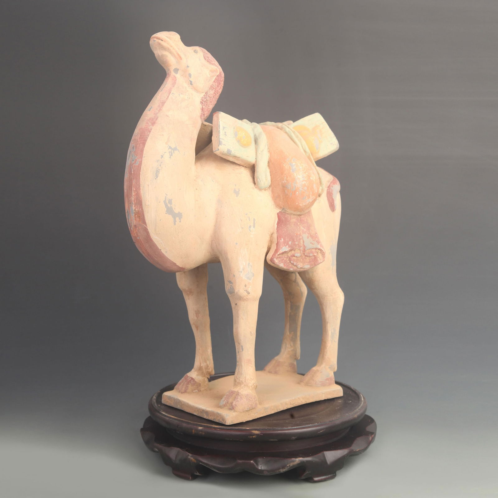 A FINE COLORED POTTERY CAMEL FIGURINE: Han Dynasty Style; High: 17.5 inch; Width: 12.5 inch;
