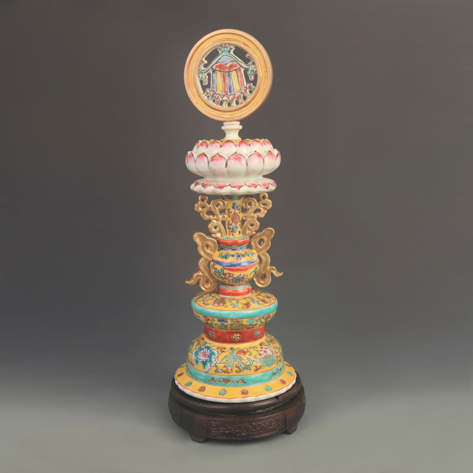 BUDDHISM YELLOW GROUND FAMILLE ROSE VASE: Qing Dynasty Qianlong Period;High: 16.5 inch; Diameter: 5.80 inch;