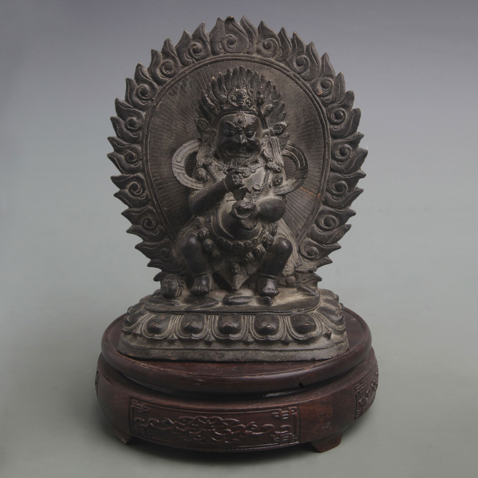 A FINE TWO-ARMED MAHAKALA BRONZE STATUE: Qing Dynasty; High: 7.3 inch; Width: 6.1 inch;