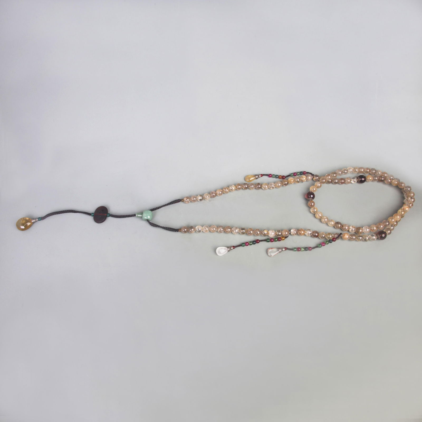 108-PIECE CRYSTAL PRAYER BEADS WITH NATURAL CRYSTAL, JADE, AND CRYSTAL: Qing Dynasty; Long: 84 inch;