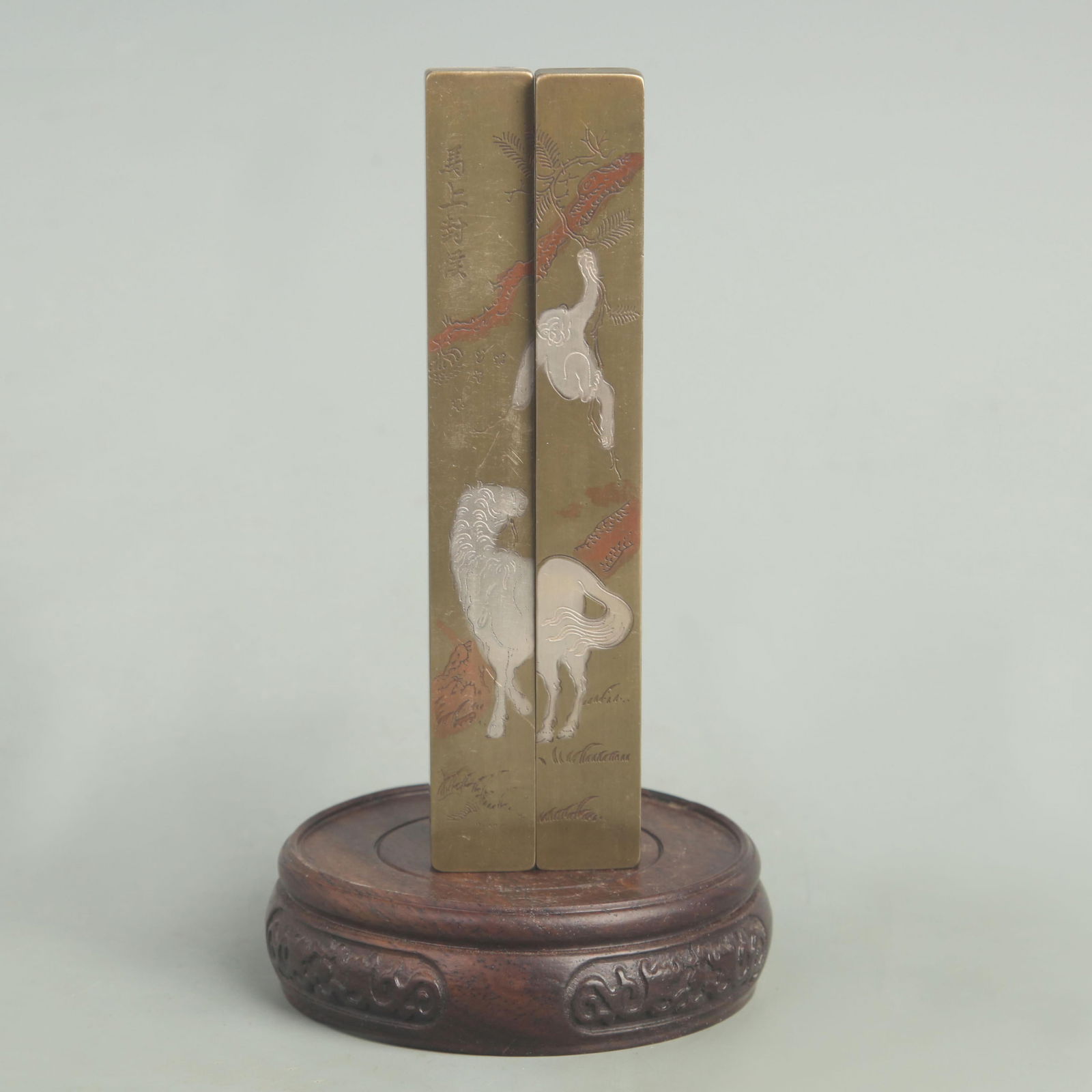 PAIR OF BRONZE WITH SILVER INLAY PAPER WEIGHT: Republic Period; High: 6.00 inch; Width: 0.75 inch;