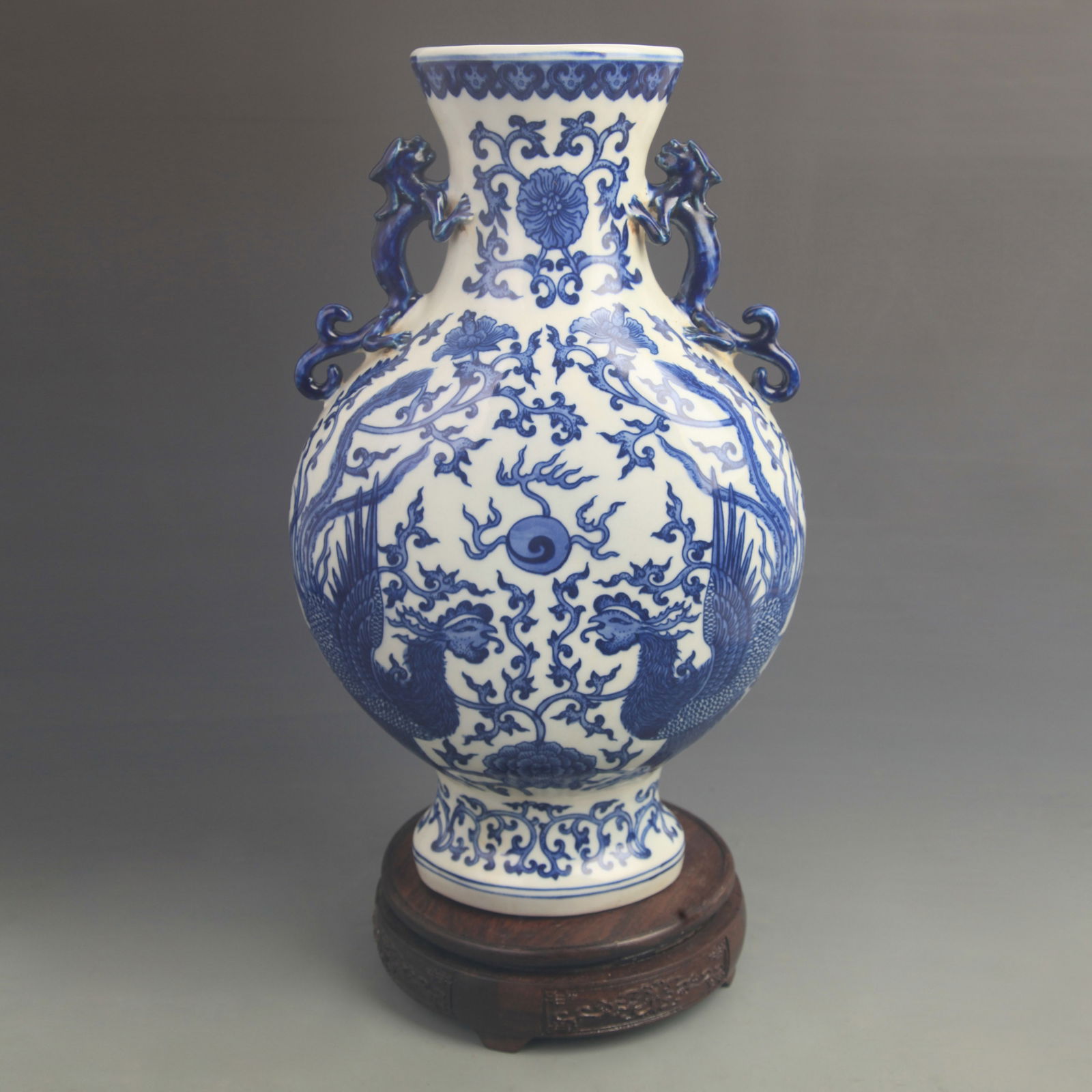 BLUE AND WHITE PHOENIX PATTERN FLAT VASE - 4
