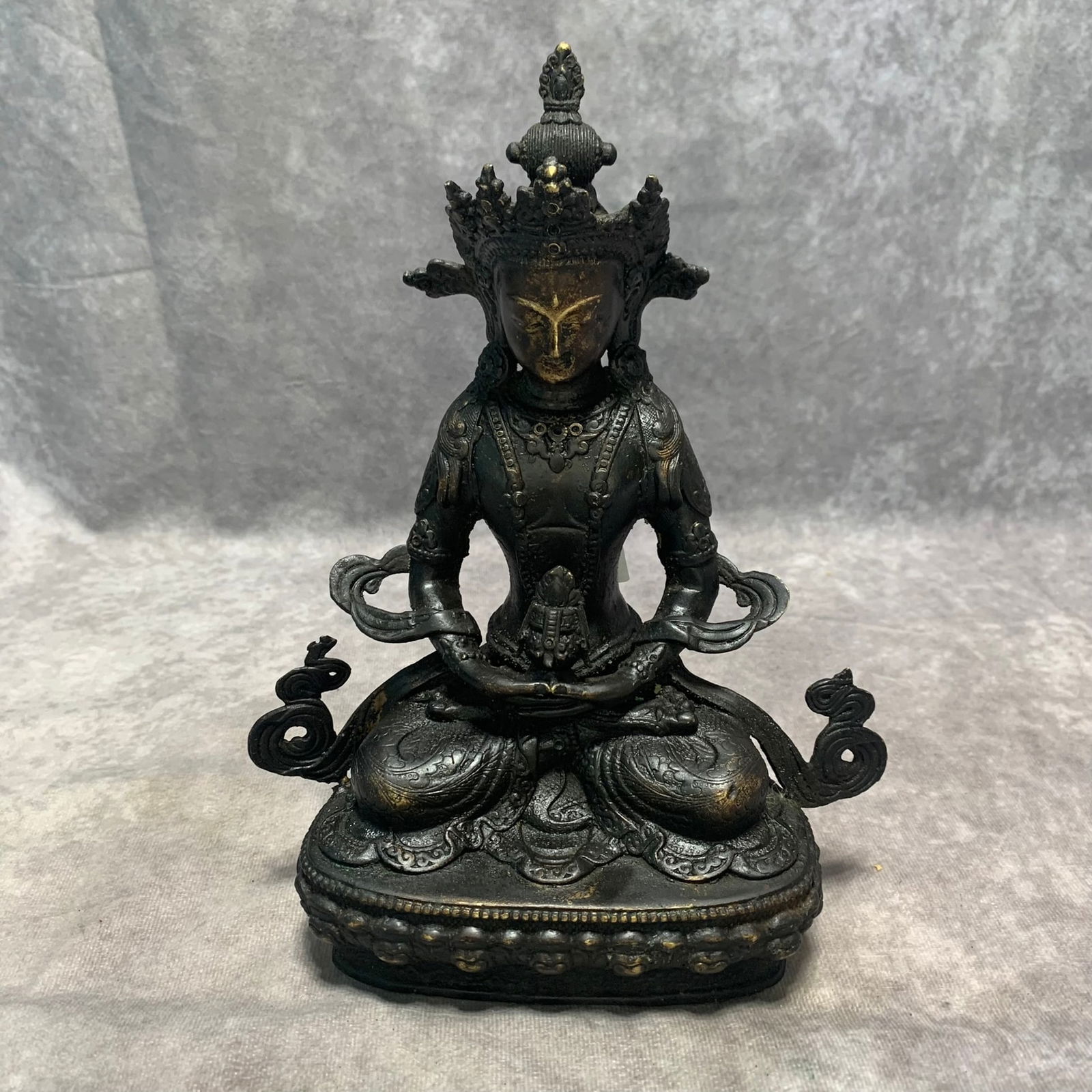 TIBETAN BUDDHIST BRONZE GREEN TARA STATUE: Qing Dynasty; Long: 7 inch; Width: 3.6 inch; High: 9.1 inch;