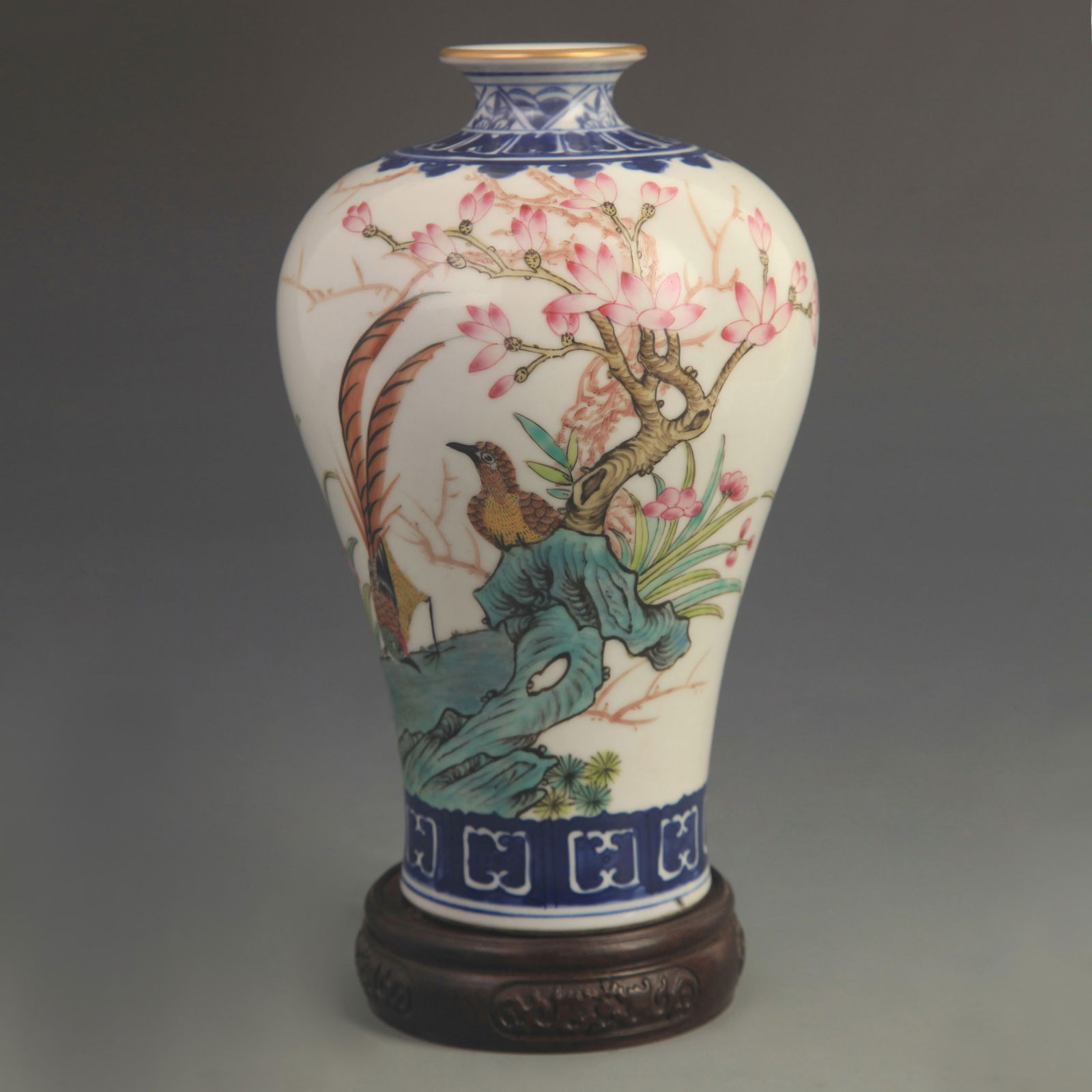FAMILLE ROSE PLUM STYLE VASE WITH FLOWERS AND BIRDS: Qing Dynasty Qian Long Period; High: 8.30 inch; Diameter: 5.00 inch