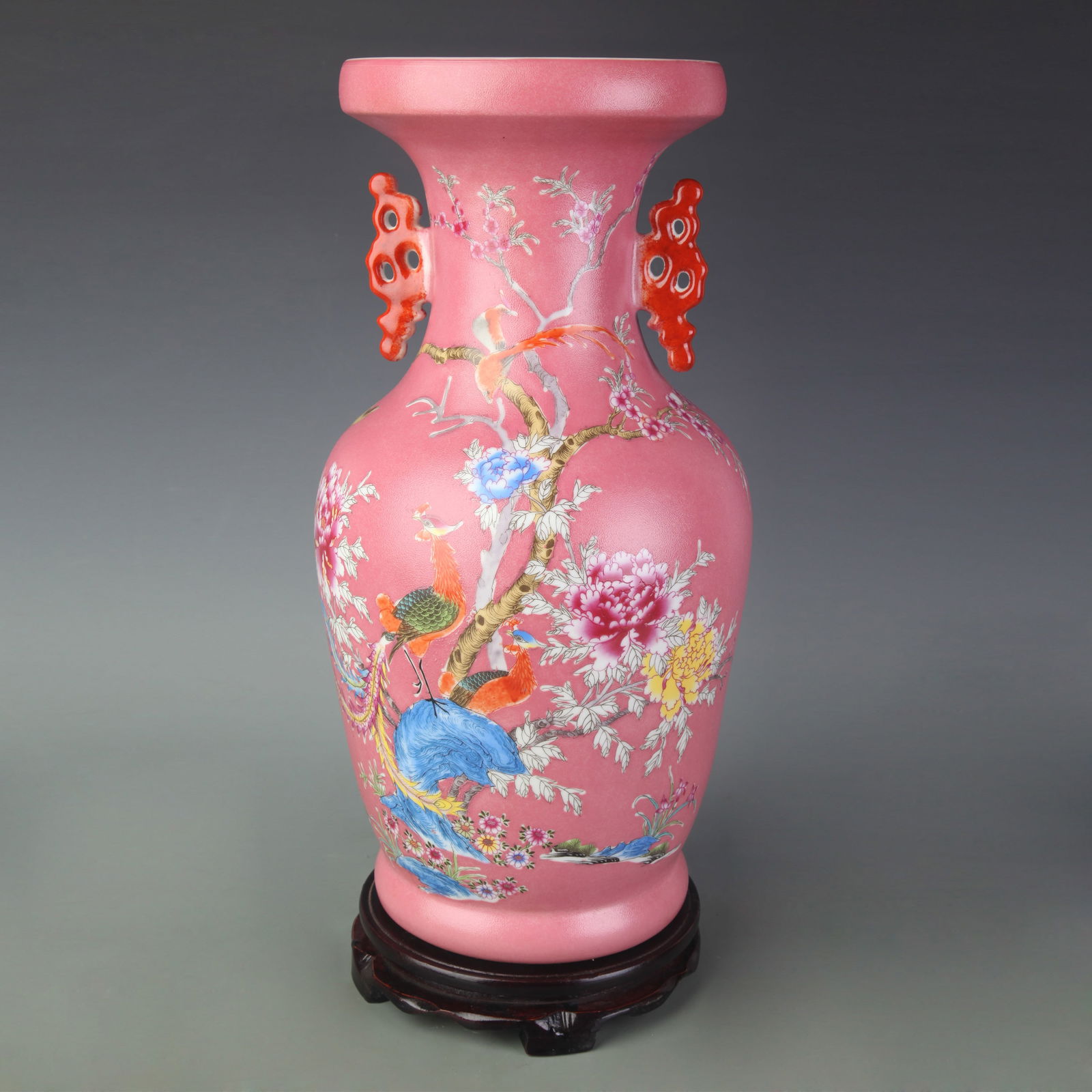 FAMILLE ROSE FLOWER AND BIRD PATTERN DOUBLE EAR PORCELAIN VASE: Qing Dynasty Yong Zheng Period; High: 16.0 inch