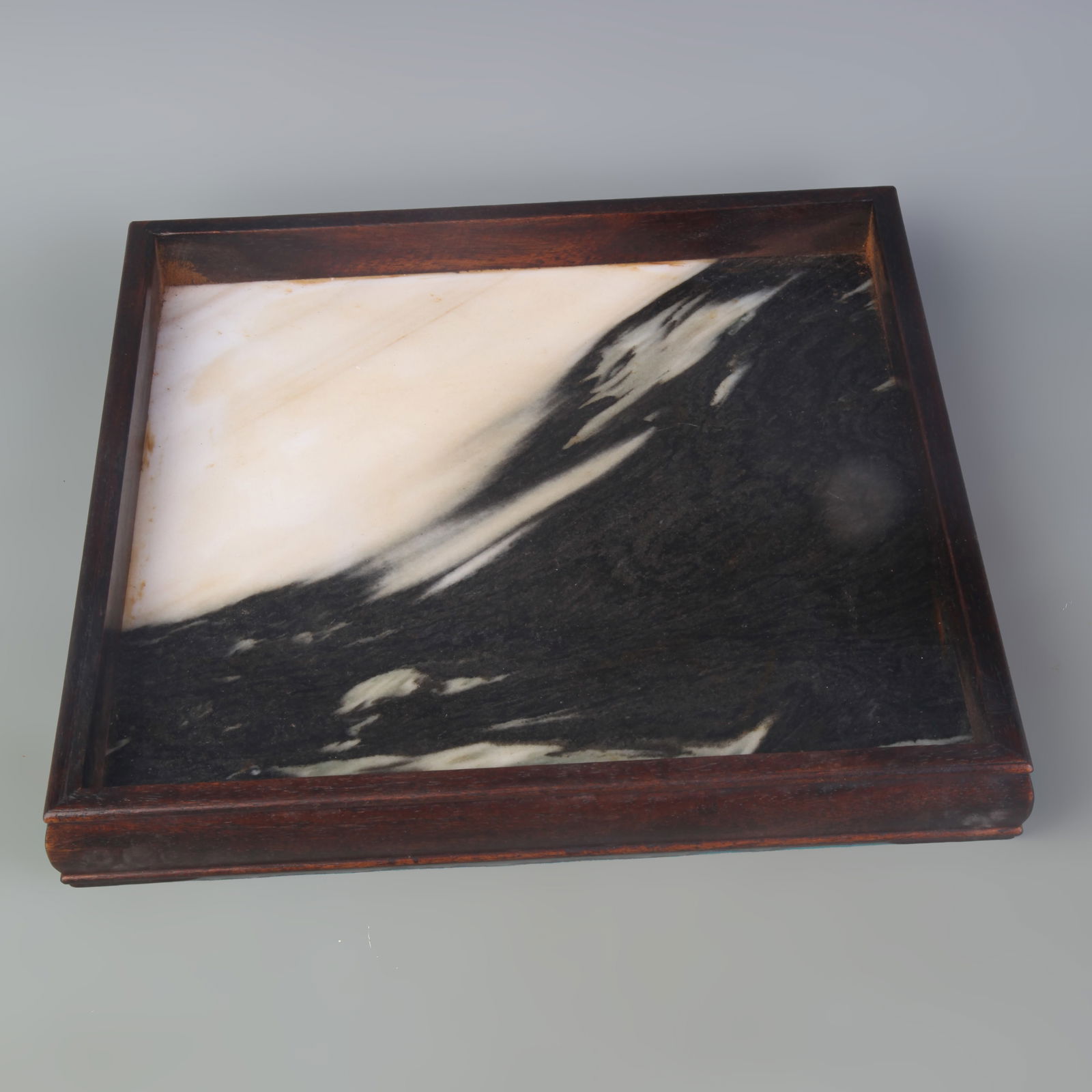 A FINE ROSEWOOD MADE TRAY INLAID WITH MARBLE: Qing Dynasty; Width: 11.5 inch