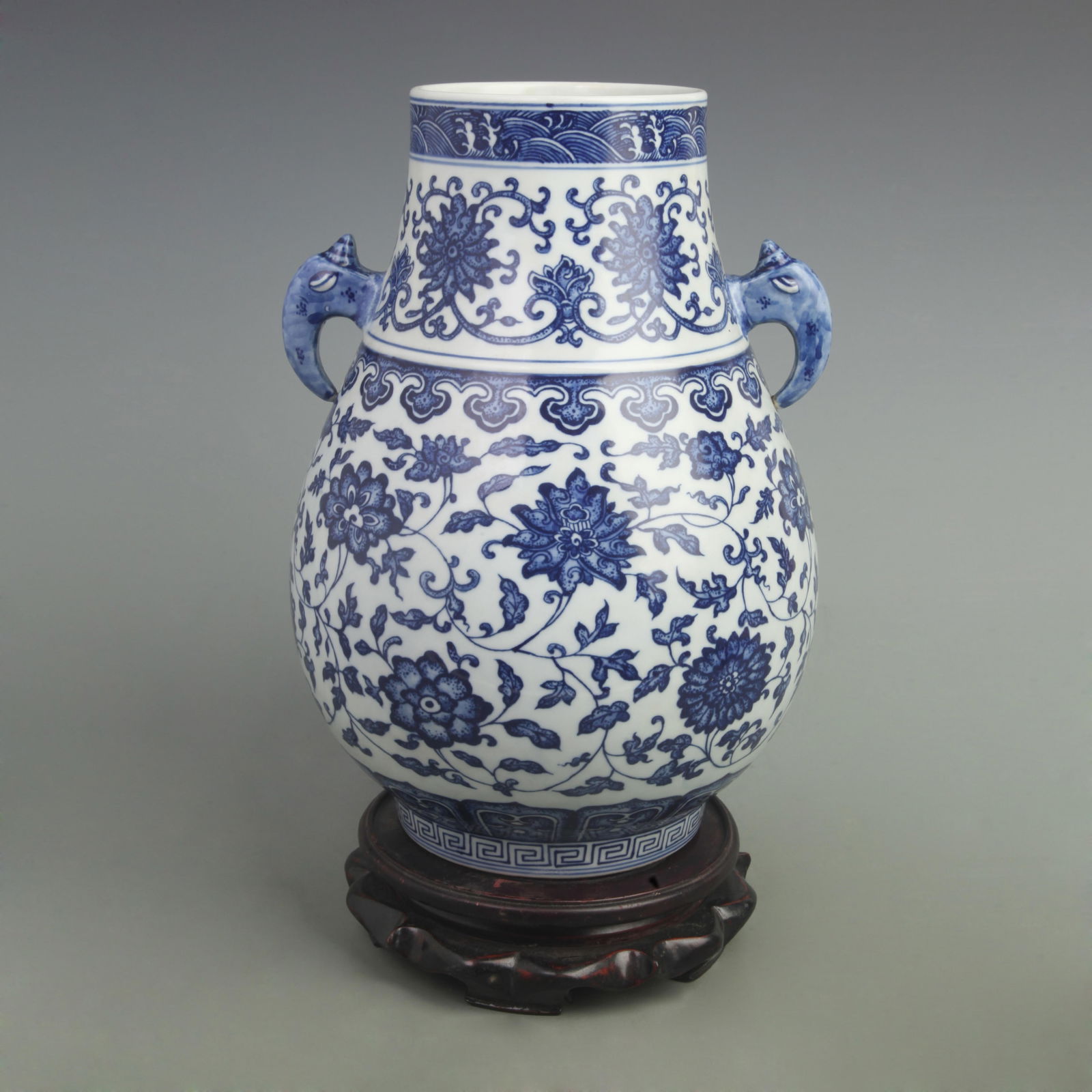 RARE BLUE AND WHITE BRANCHES PATTERN DOUBLE-EARED PORCELAIN VASE: Qing Dynasty Qian Long Period; High: 13.5 inch; Width: 8.7 inch;
