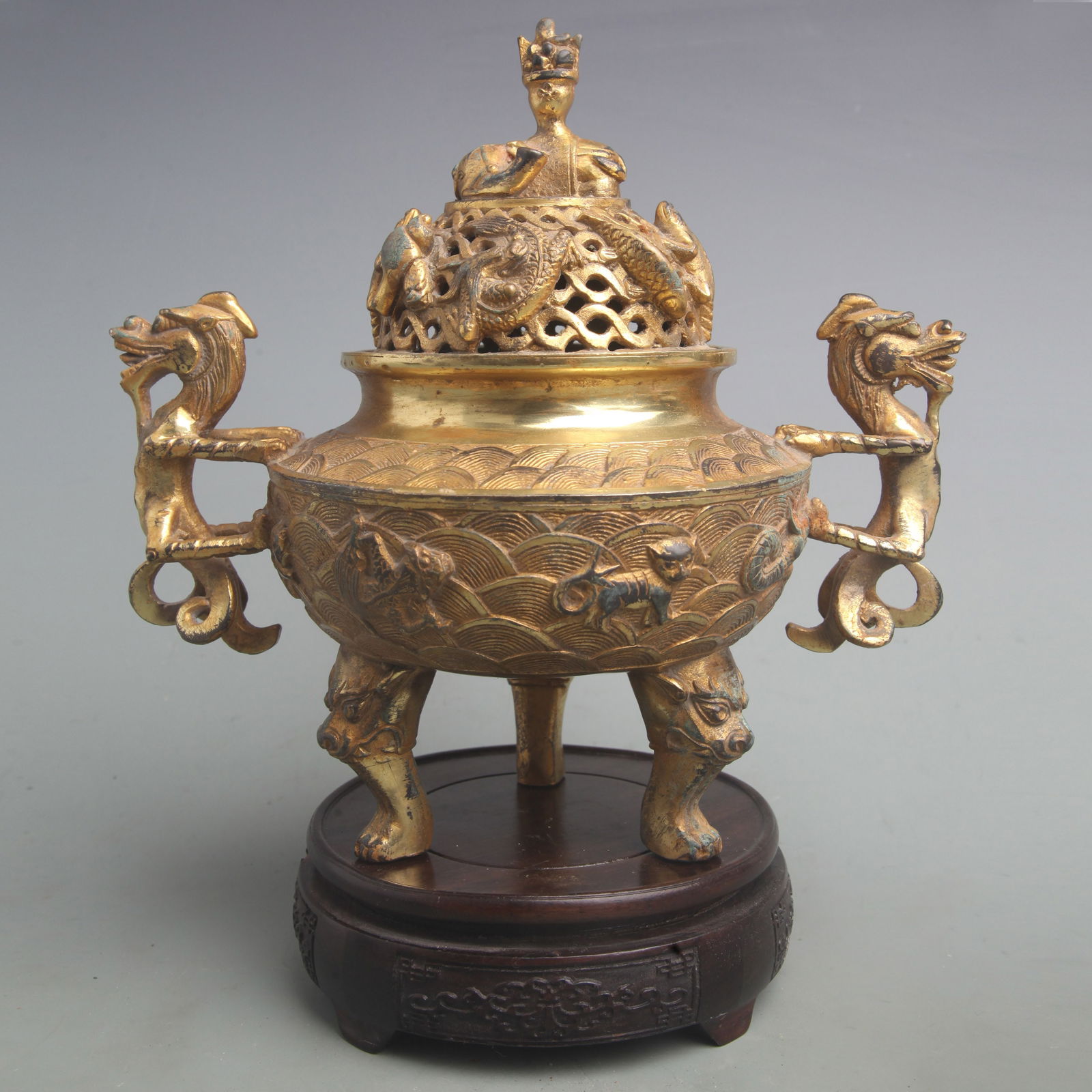 BRONZE INCENSE BURNER WITH DRAGON MOTIFS ON THE LEGS (1 of 5)