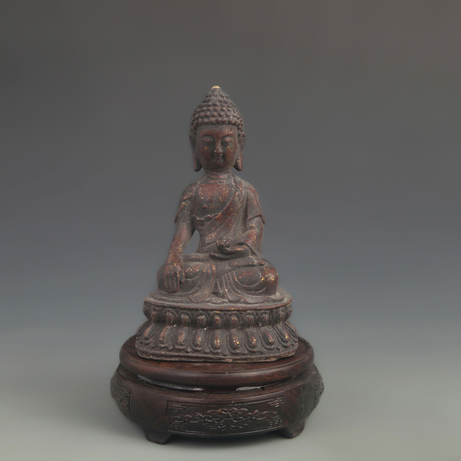 BRONZE SHAKYAMUNI BUDDHA SEATED STATUE: Ming Dynasty Style; High: 7.50 inch; Diameter: 4.00 inch