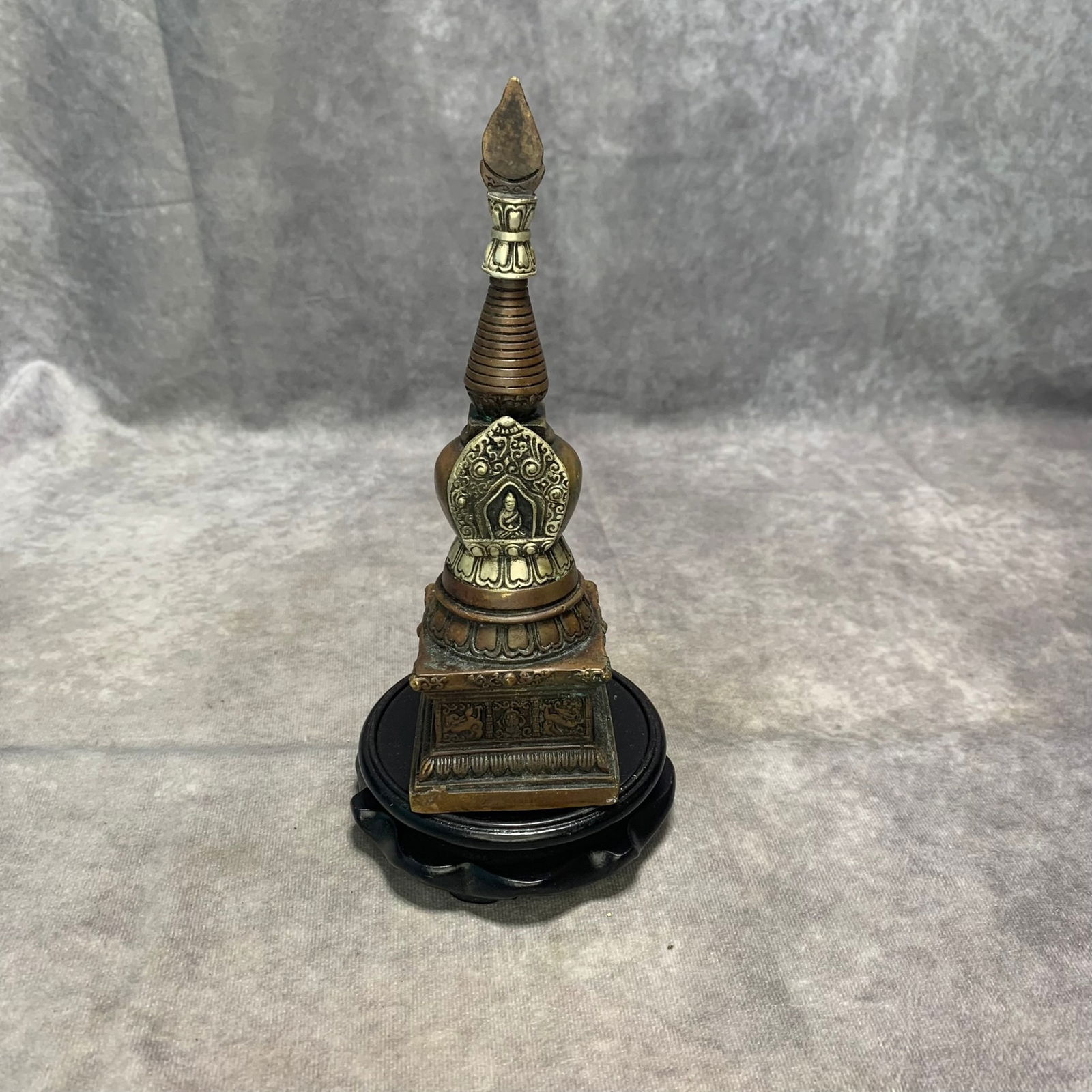 QING DYNASTY BRONZE BUDDHA RELIQUARY STUPA: Qing Dynasty; Long: 2.5 inch; Width: 2.5 inch; H; 7.9 inch;