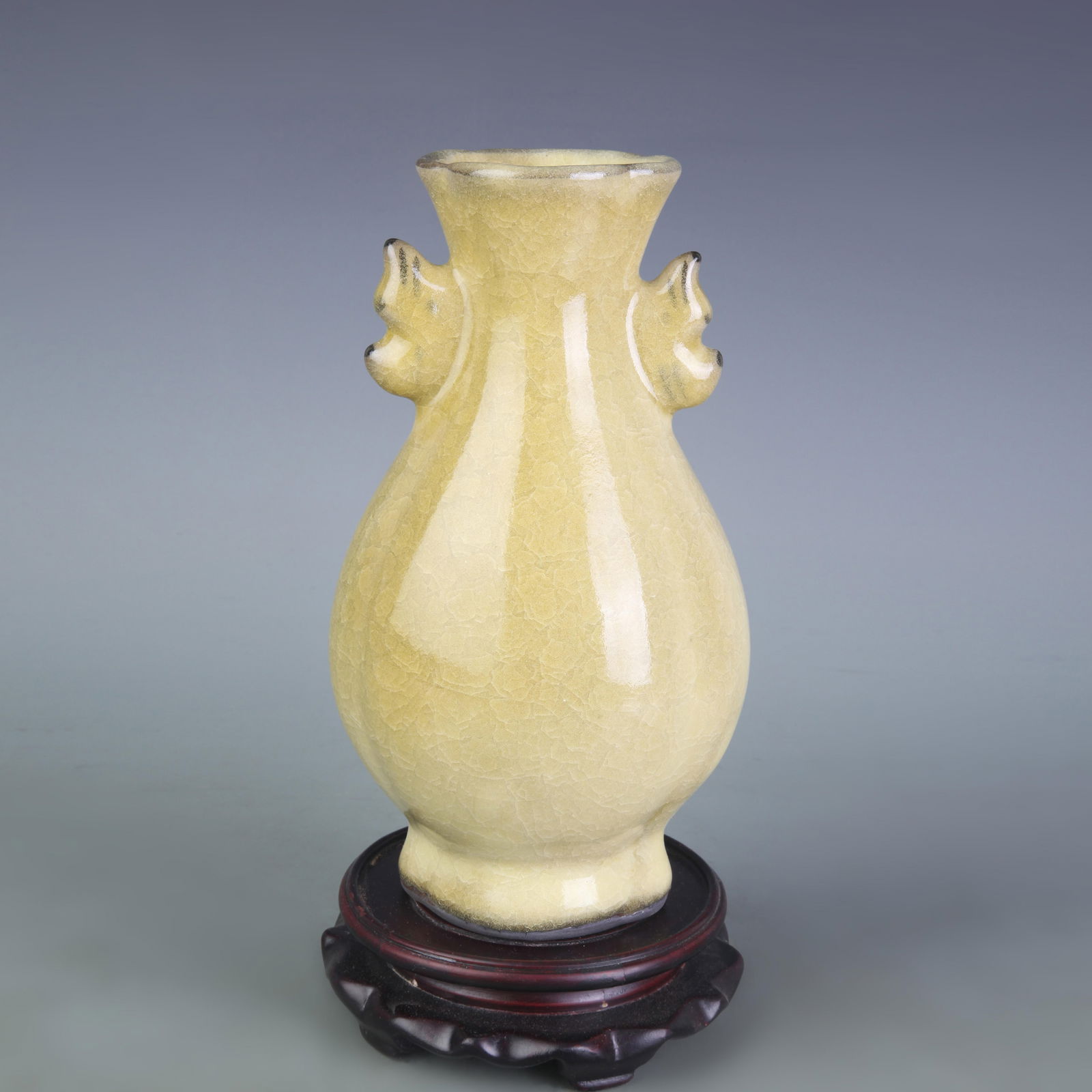 YELLOW-GLAZED DOUBLE-EARED FLOWER-MOUTH PORCELAIN VASE: Song Dynasty Style; Width: 5.0 inch; High: 8.9 inch