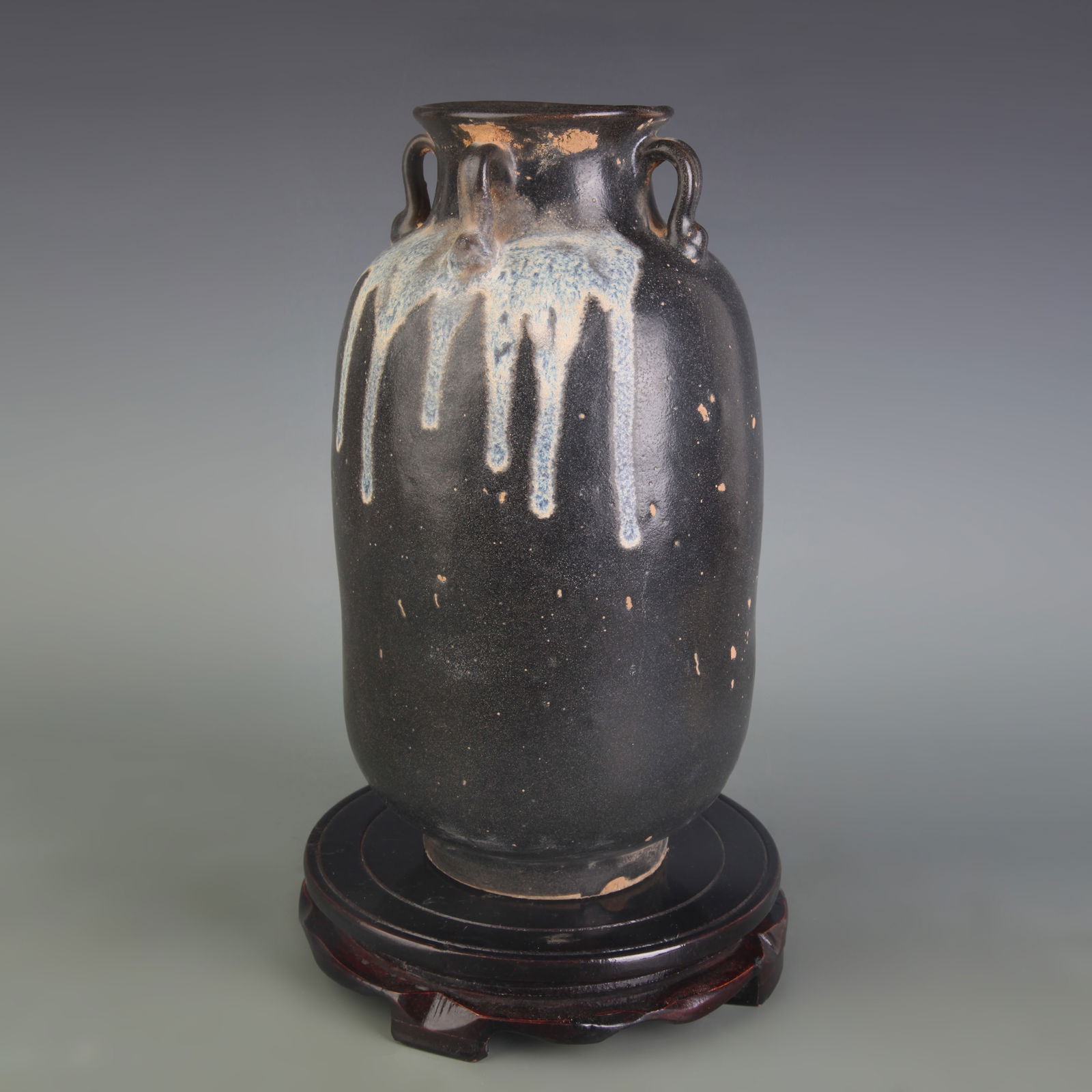 BLACK GLAZE WITH SAUCE-SPOTS FLARED MOUTH PORCELAIN VASE: Five Dynasty Style; High: 10.2 inch; Diameter: 3.3 inch;