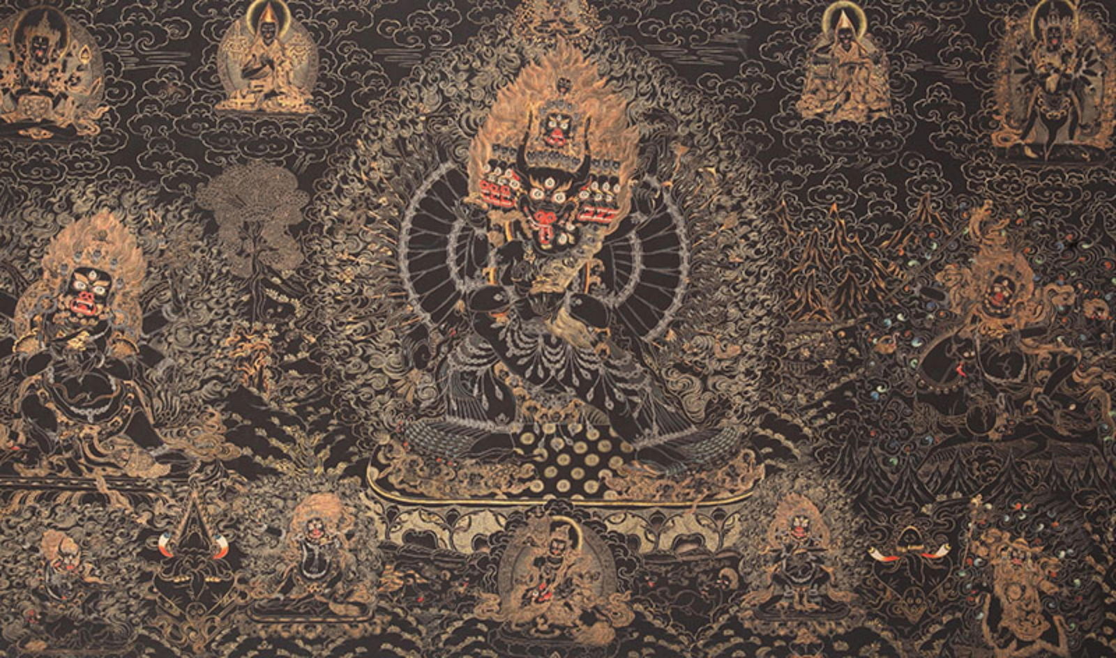 A FINE TIBETAN BUDDHIST THANGKA MOUNTED ON SILK: 20th Century; High: 20.0 inch; Width: 35.0 inch