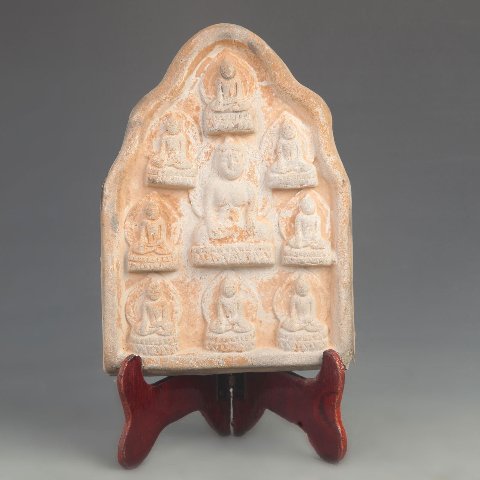 SCULPTURE OF SHAKYAMUNI BUDDHA IN CARVED CLAY: Tang Dynasty Style; High: 6.75 inch; Width: 5.00 inch;