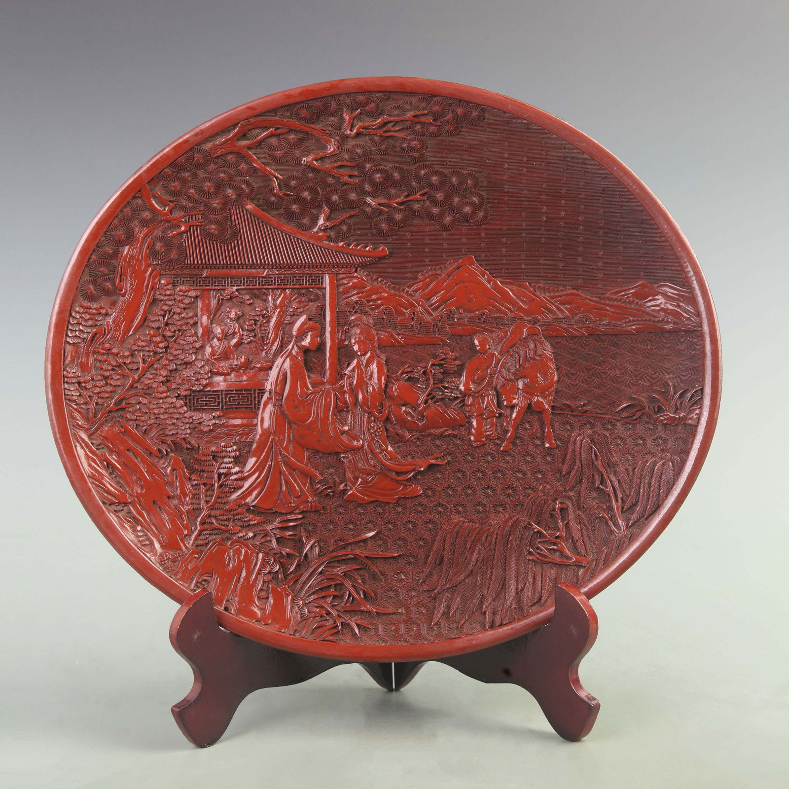 RARE FINE RED CARVED LACQUER CHARACTER PATTERN PLATE (1 of 5)