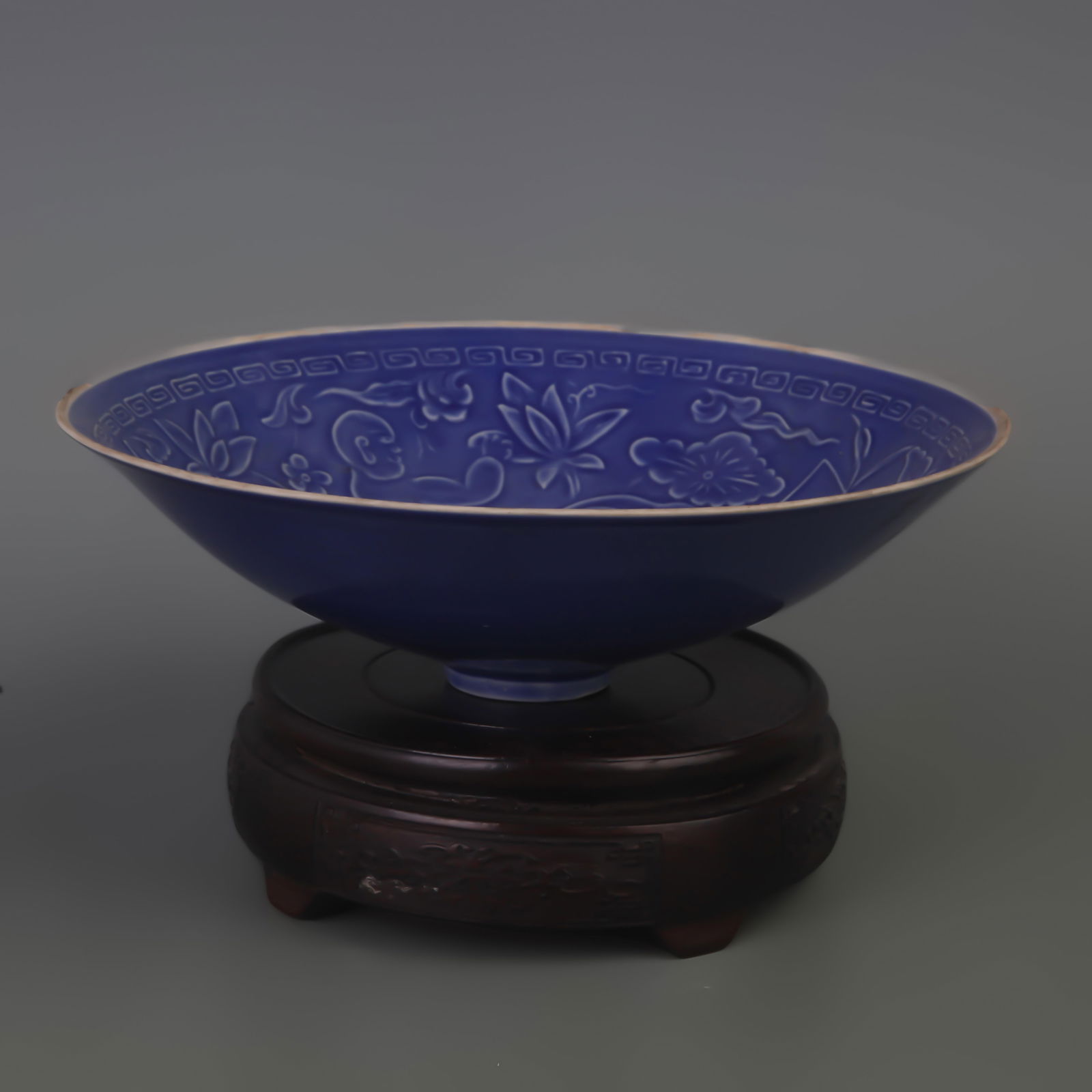 PORCELAIN BOWL WITH BLUE GLAZED AND PLUM BLOSSOM FLORAL PATTERN (1 of 5)