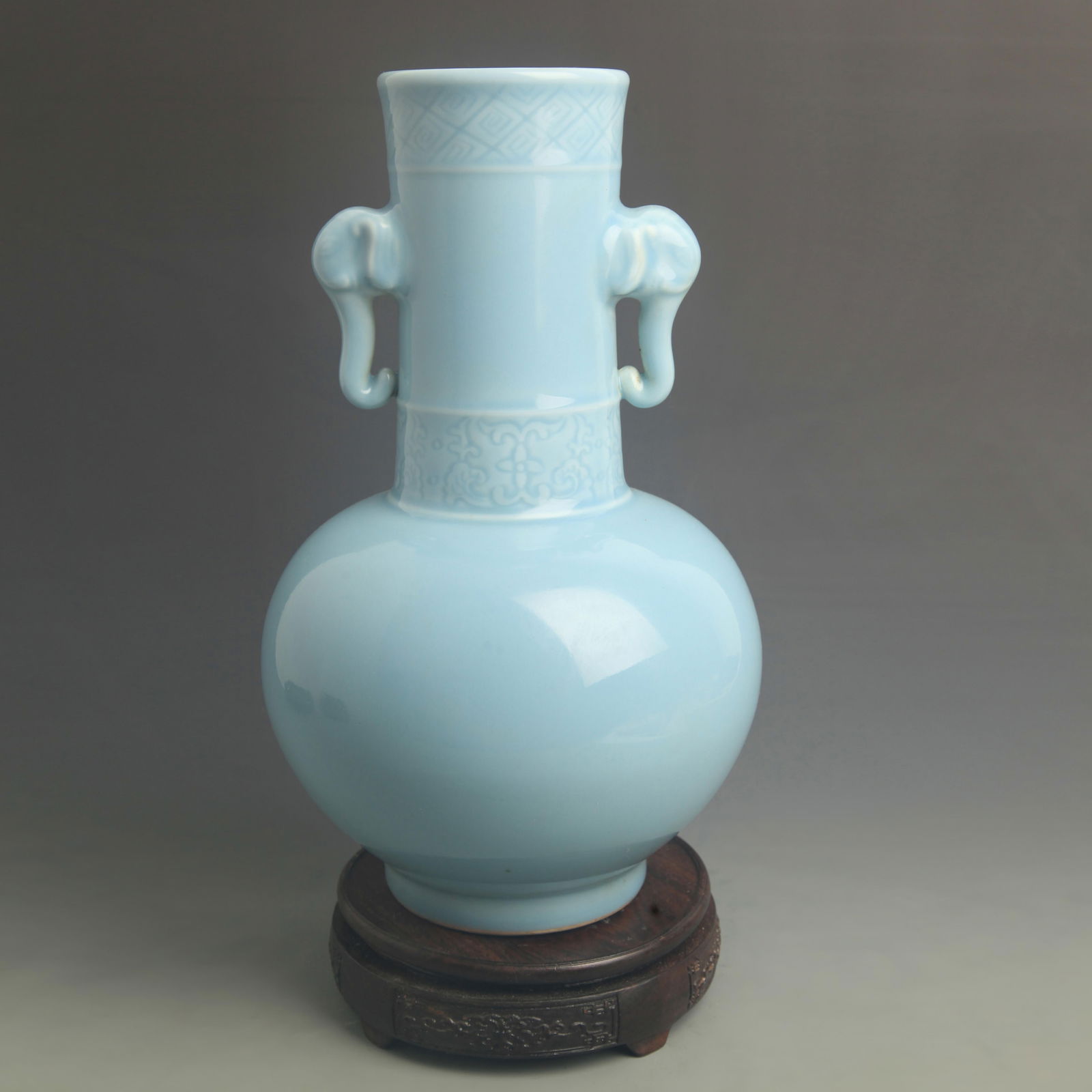 SKY-BLUE GLAZE ELEPHANT-EAR CYLINDRICAL PORCELAIN VASE: Qing Dynasty Qian Long Period; High: 13.3 inch; Diameter: 7.50 inch