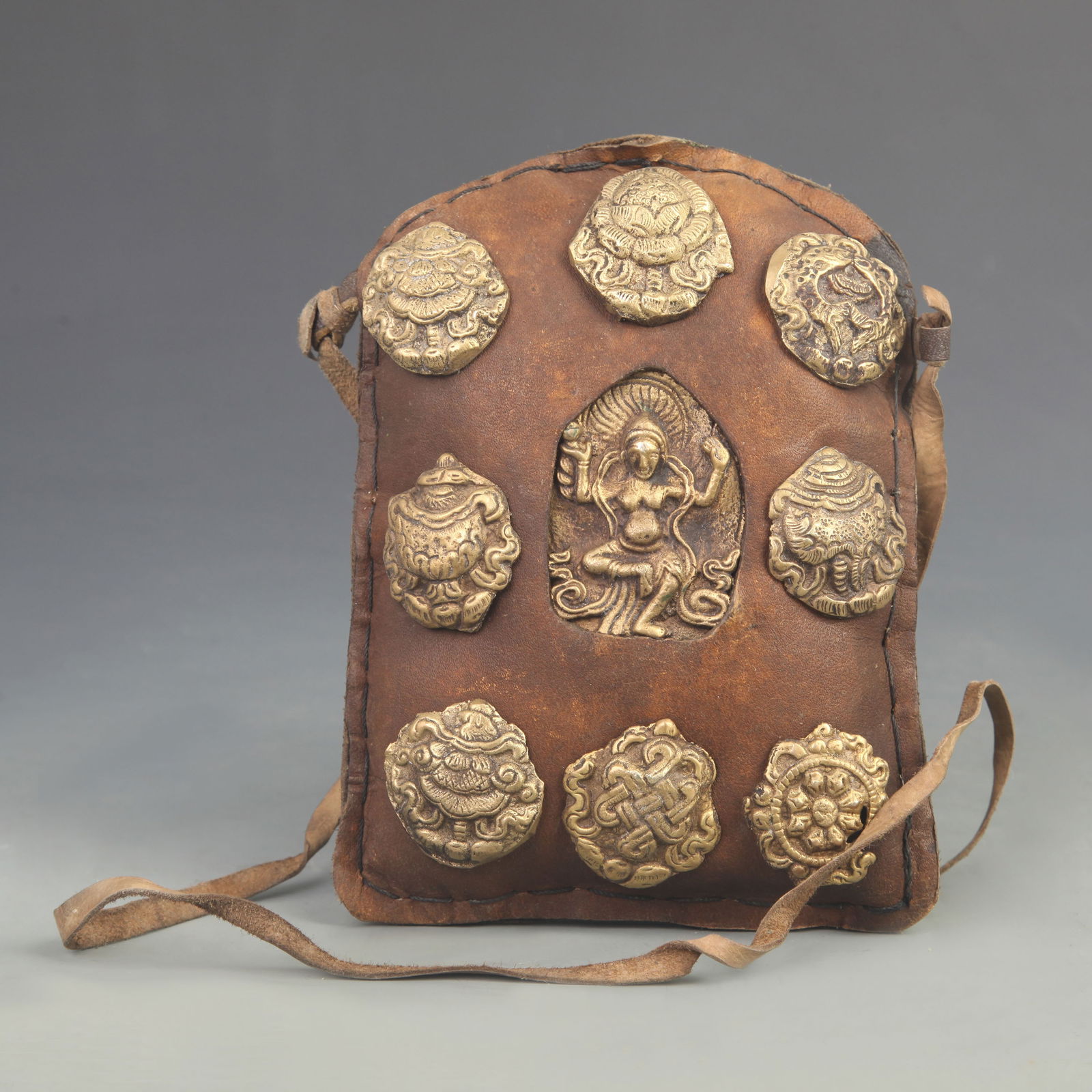 TIBETAN BUDDHISM LEATHER BAG EIGHT AUSPICIOUS PATTERN GAWU: 20th Century; High: 7.00 inch; Width: 5.00 inch;