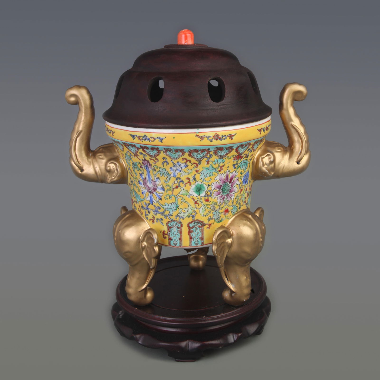 CLOISONNE COLOR ELEPHANT EAR THREE FOOT PORCELAIN INCENSE BURNER WITH REDWOOD COVER: Qing Dynasty; Diameter: 10.0 inch; High: 12.8 inch