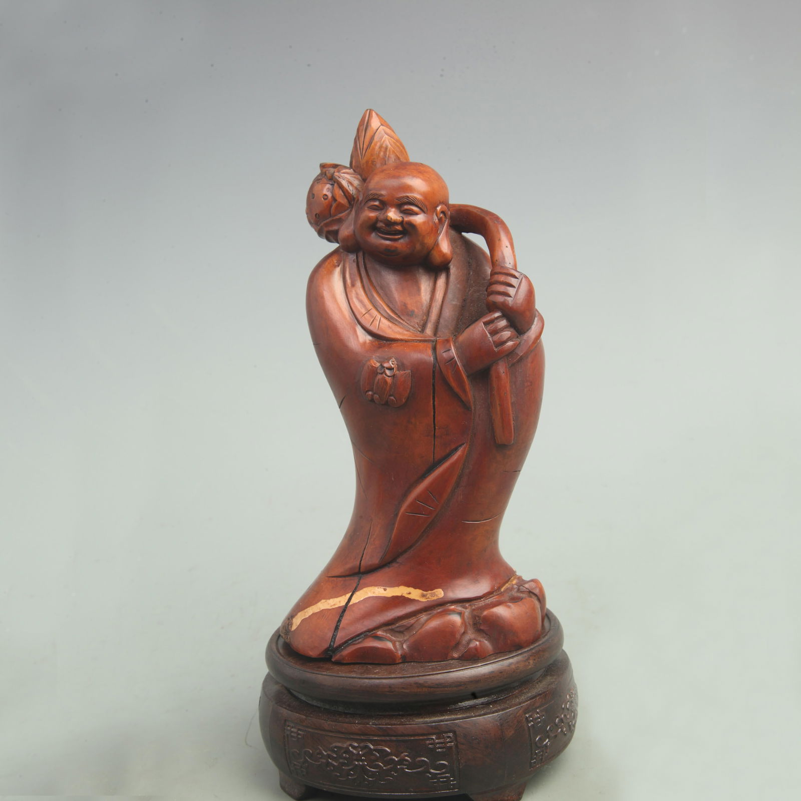 A FINE BOXWOOD MADE MALE BAG MONK FIGURE: Qing Dynasty; High: 7.7 inch; Width: 3.9 inch;