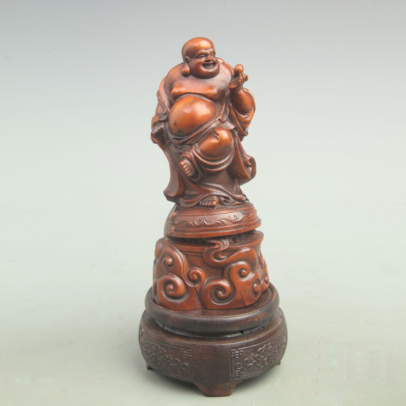 A FINE BOXWOOD MADE MALE MAITREYA BUDDHA FIGURE: Qing Dynasty; High: 6.3 inch; Width: 2.9 inch;