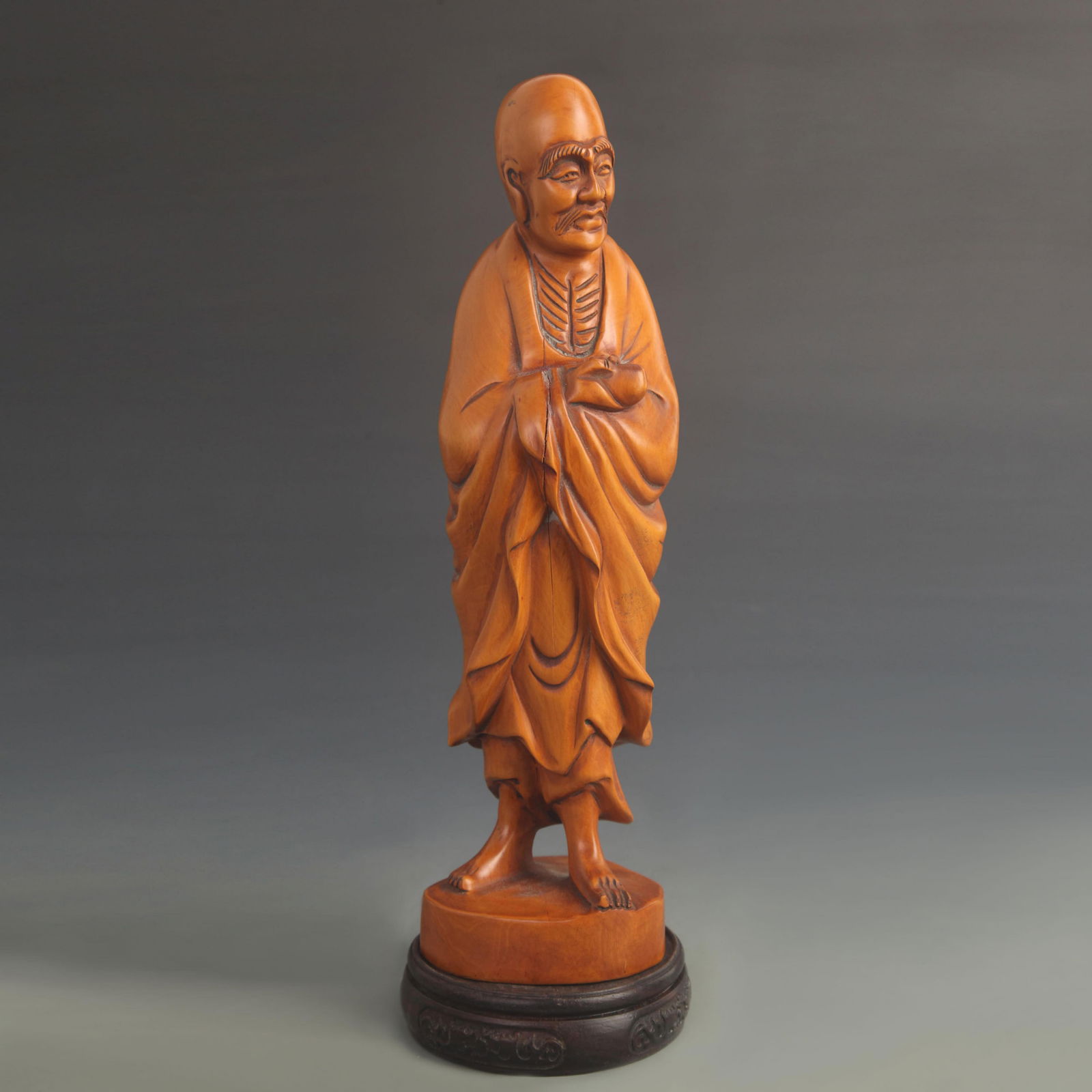A FINE BOXWOOD CARVED ARHAT STATUE: 20th Century; High: 12.50 inch; Width: 3.50 inch;