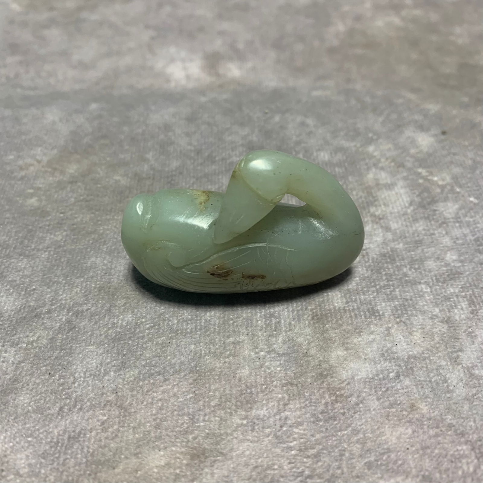 HETIAN GREENISH-WHITE JADE PENDANT OF CARVED GOOSE: Qing Dynasty; Long: 2.2 inch; Width: 0.8 inch; High: 1.5 inch;