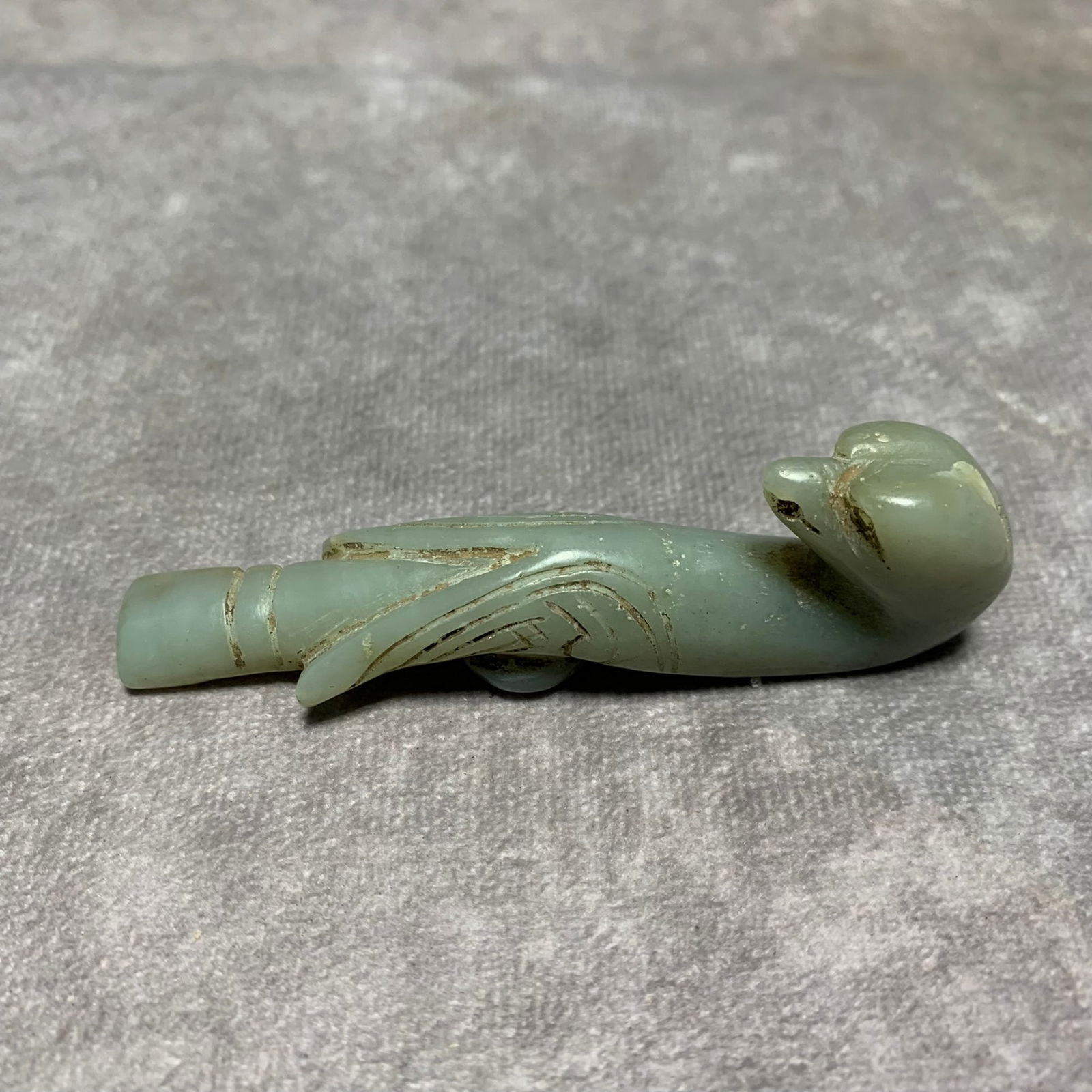 HETIAN PALE CELADON JADE BELT HOOK: Ming Dynasty Style; Long: 3.3 inch; Width: 0.5 inch; High; 0.9 inch;