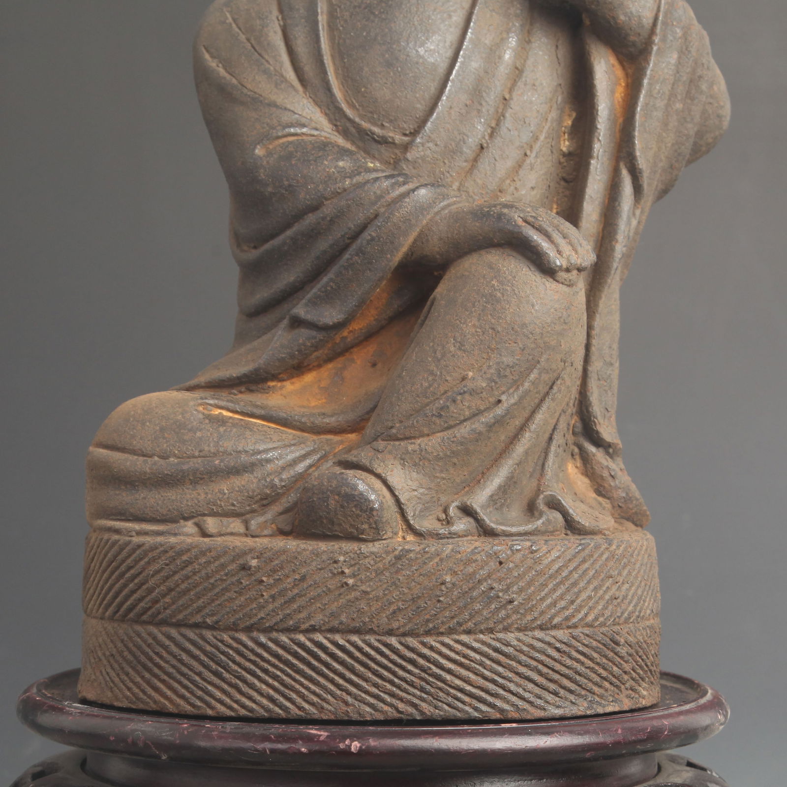 A FINE CAST IRON EAR-PICKING ARHAT - 3