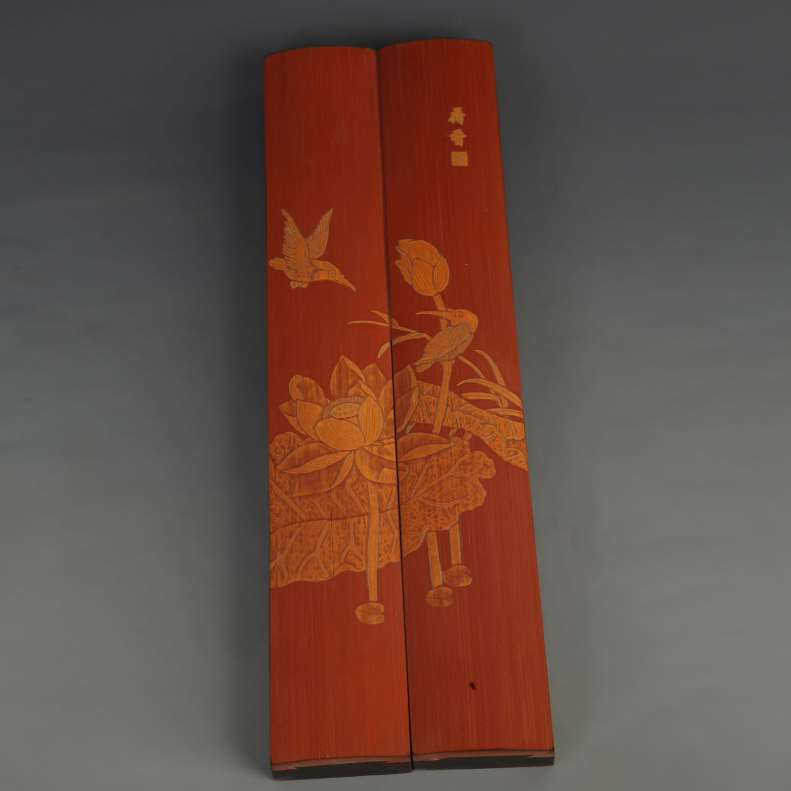 ROSEWOOD MADE BAMBOO INLAID LOTUS PATTERN WOOD PAPERWEIGHT: 20th Century; Long: 11.75 inch; Width: 1.90 inch