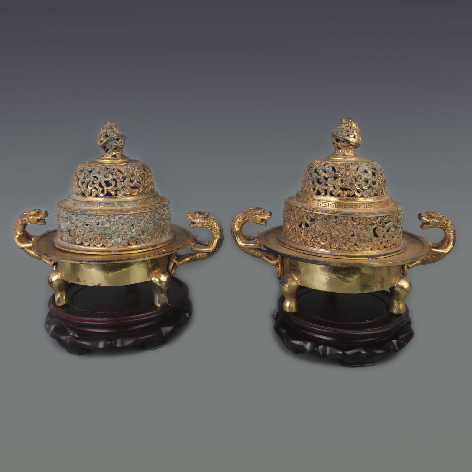 PAIR OF GILT BRONZE DRAGON PATTERN BRONZE INCENSE BURNER: Qing Dynasty; Diameter: 10.5 inch; High: 9.0 inch