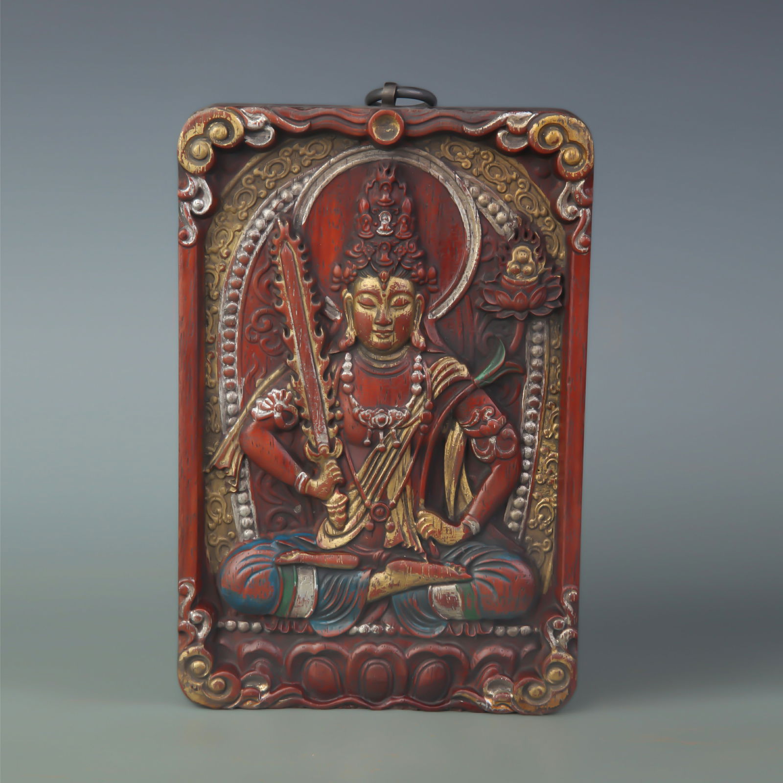 CAMPHORWOOD CARVED HANGING PANEL OF THE GUARDIAN DEITY AKASHAGARBHA BODHISATTVA: Qing Dynasty;Long:8.2 inch; Width: 5.6 inch