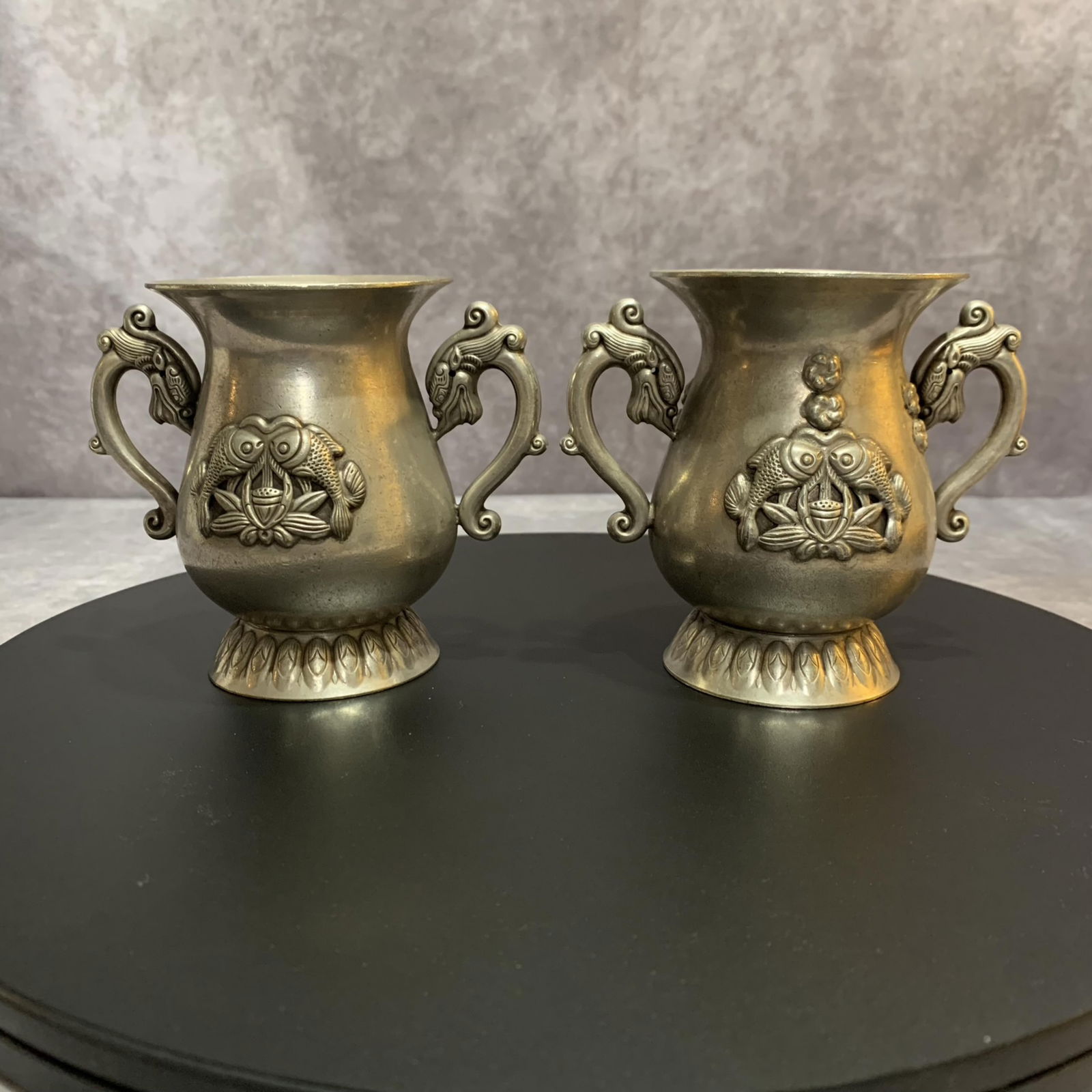 PAIR OF FINELY CARVED WHITE BRONZE VASE: Modern; Width: 4.6 inch; High: 4.0 inch; Diameter: 2.9 inch;