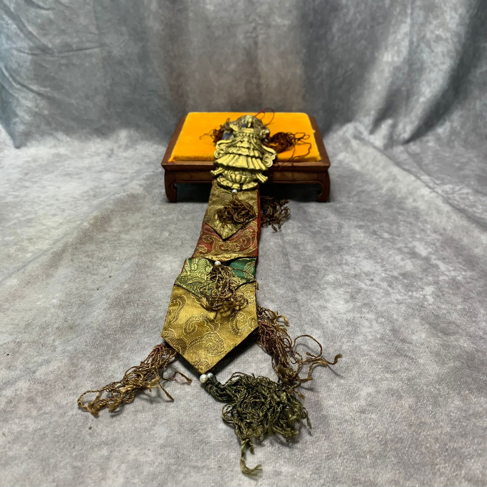 TIBETAN BUDDHIST BRONZE EMBROIDERED RITUAL OBJECT: Republic Period; Long: 16.5 inch; Width: 2.5 inch; High: 0.6 inch